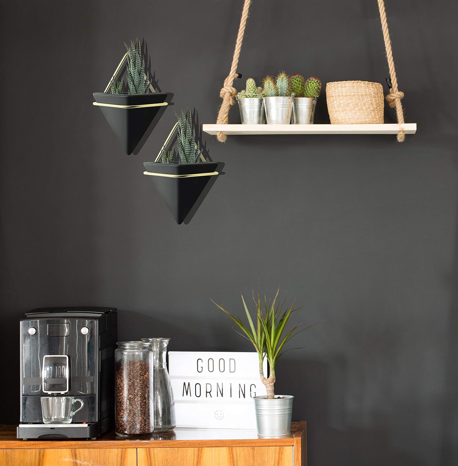 PUDDING CABIN 2 Pack Small Wall Succulent Planters Black Wall Decor Geometric Triangle Hanging Planters 4Inch Succulents Pots for Cactus, Air Plants, for Mom