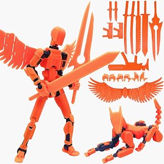 T13 3D Action Figures Set Titan 13 Action Figure Dummy 3D Printed Robo Multi-Jointed Movable Toy with Full Articulation for Collectors Desktop (Assembly Completed Orange Black Figure + Dog)