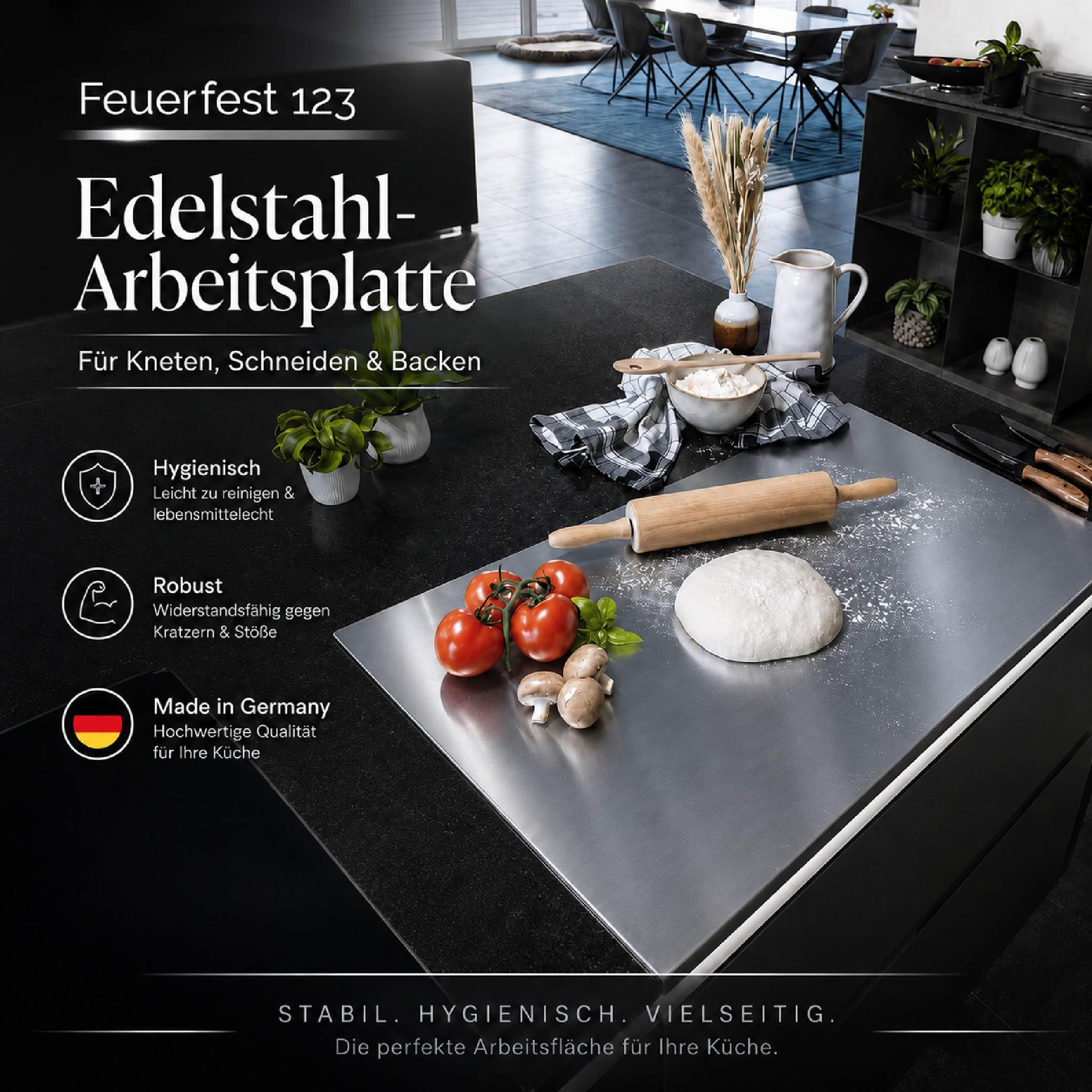 Arbeitsplatte Knetbrett Edelstahl [90x50 cm] - Für Kneten, Schneiden & Backen - Küchenplatte mit Anschlagkante - Auch als Nudelbrett, Backbrett, Teigbrett - Schneidebrett Platte Küche
