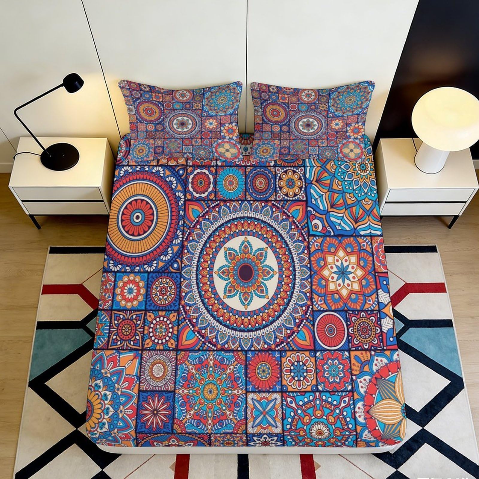3D Printed Mandala Mosaic Fitted Sheet Microfiber Soft Breathable Boho Geometric Bed Cover for Bedroom Guestroom Decor 160x200x25cm