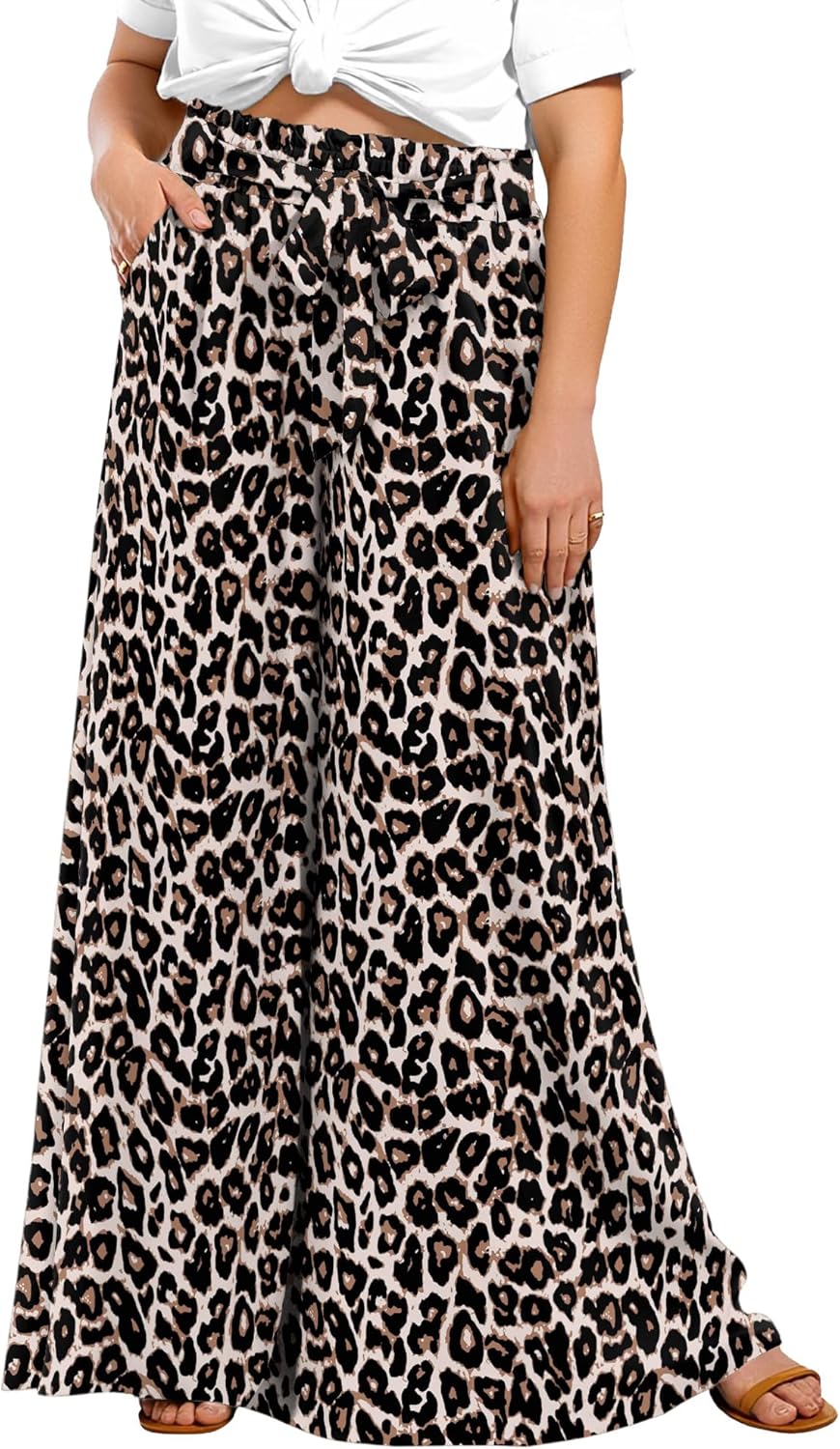 Lastshe Plus Size Wide Leg Pants for Women High Waisted Palazzo Loose Pants Boho Flowy Self-tie Belted Trousers with Pockets