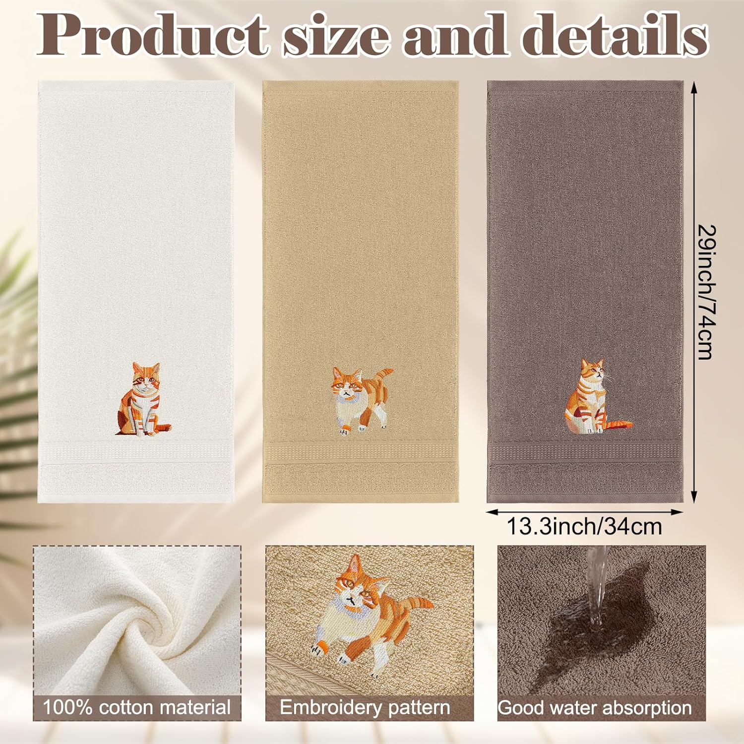 3 Pcs Orange Cat Hand Towels Bathroom Sets Decor Cute Orange Cat Lover Gifts Funny Decorative Farmhouse 100% Cotton Embroidered Towels for Women Bathroom Kitchen 13. 3 x 29. 5'' - Image 2