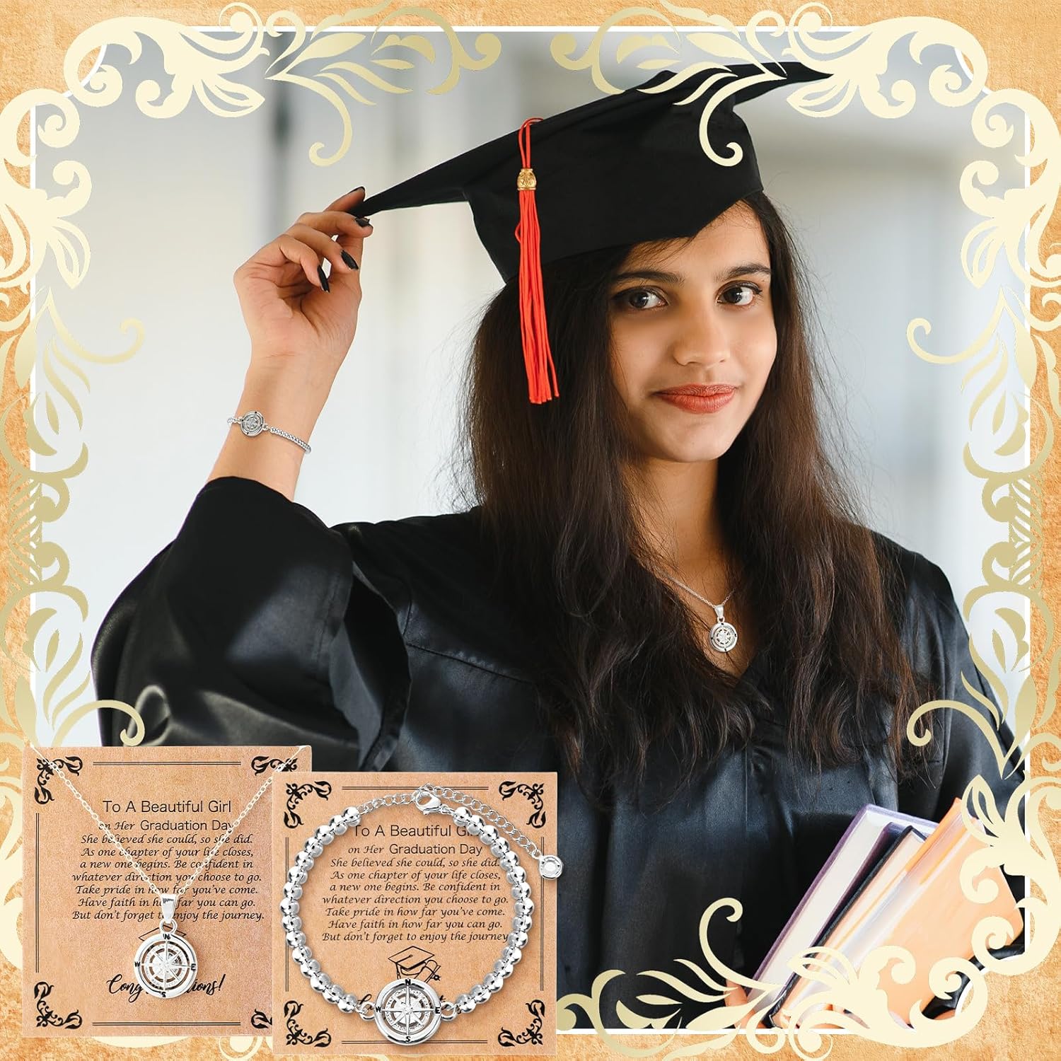 Graduation Gifts for Her 2026 Class of 2026 Graduation Gifts Inspirational Rotate Compass Bracelet and Necklace Jewelry Set for Women - Image 5