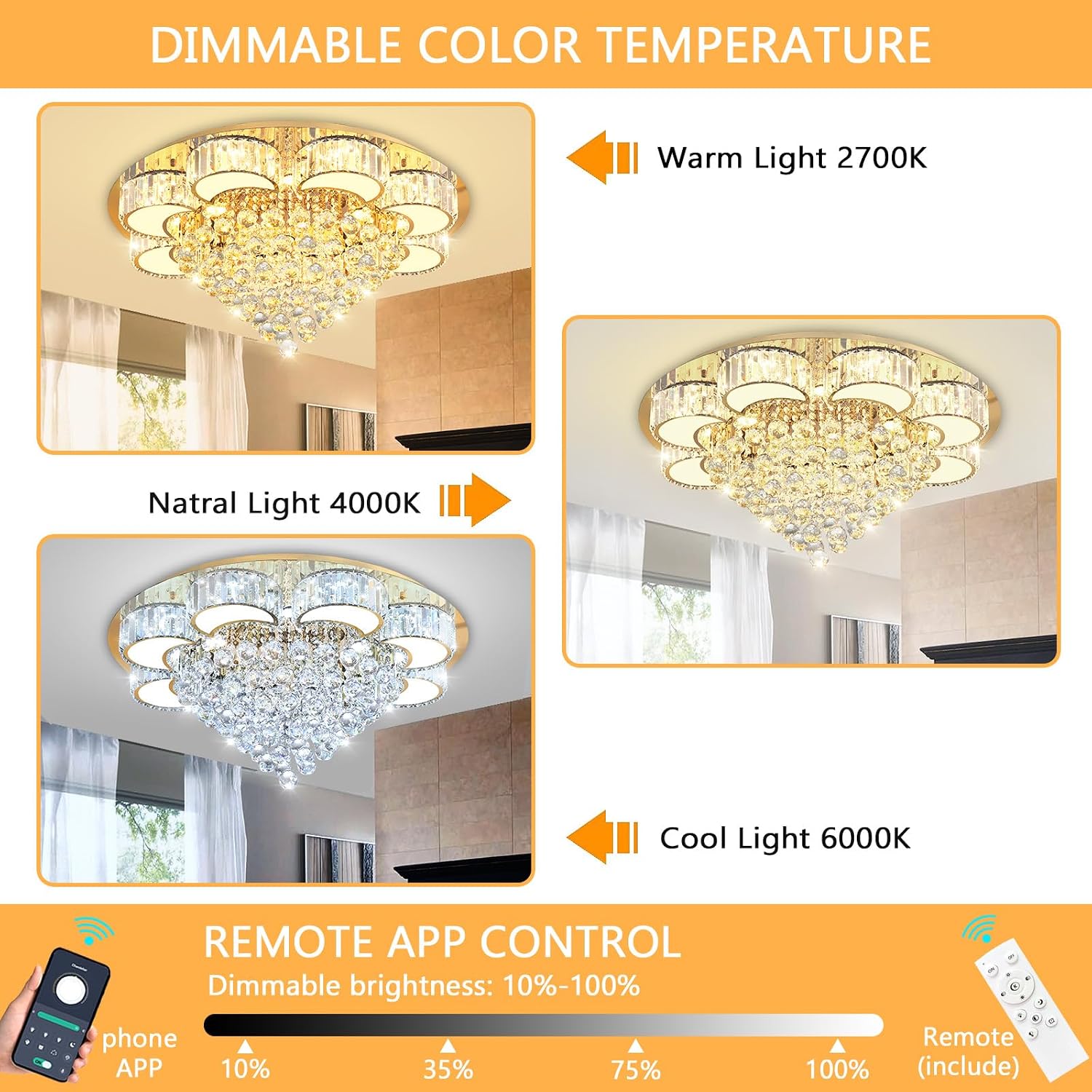 31.4" Gold Modern Crystal Chandeliers for Dining Room LED Dimmable Light Fixtures Flush Mount Light Living Room Bedrooms