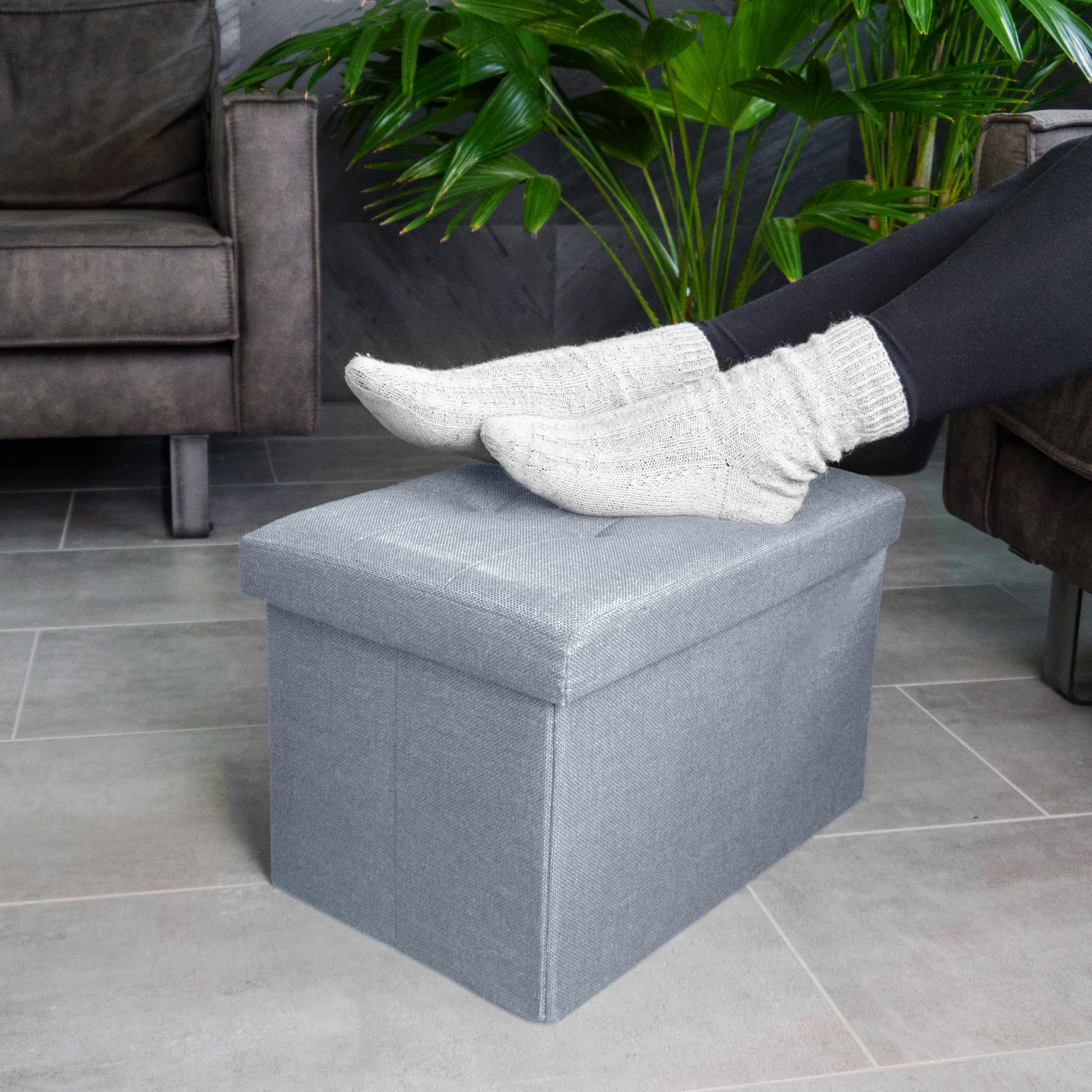 INTIRILIFE Banco Plegable 49x30x30cm en Gris - Asiento Cubo de Tela con Espacio de Almacenamiento y Tapa en Aspecto de Lino - Asiento Cubo reposapiés Plegable Caja de Almacenamiento arcón Taburete