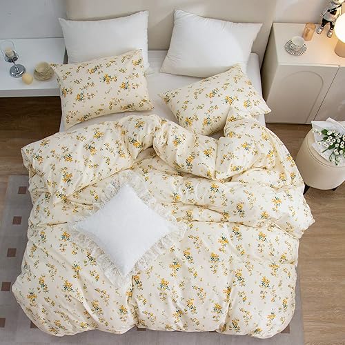 Miniatura 4 de Juego de funda de edredón tamaño King floral, 100% algodón, 3 piezas, juego de ropa de cama tamaño King, diseño de flores amarillas estilo jardín,