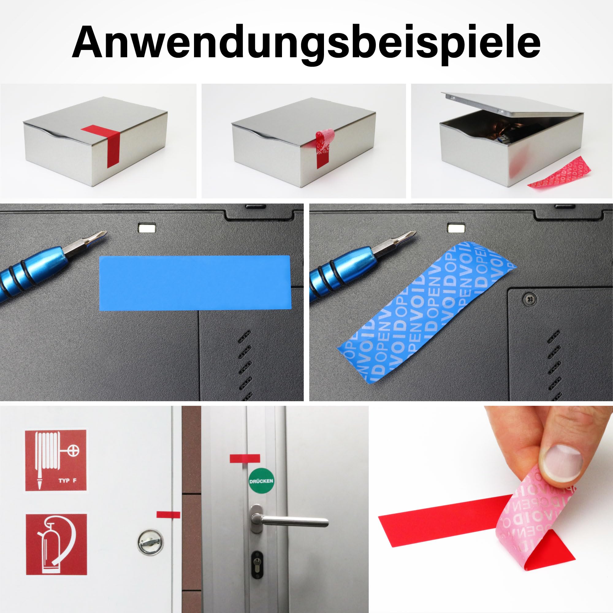 Sigillo adesivo rimovibile senza residui, 70 x 20 mm, etichette di sicurezza VOID OPEN (blu, nero, rosso, bianco) (blu, 500 pezzi)