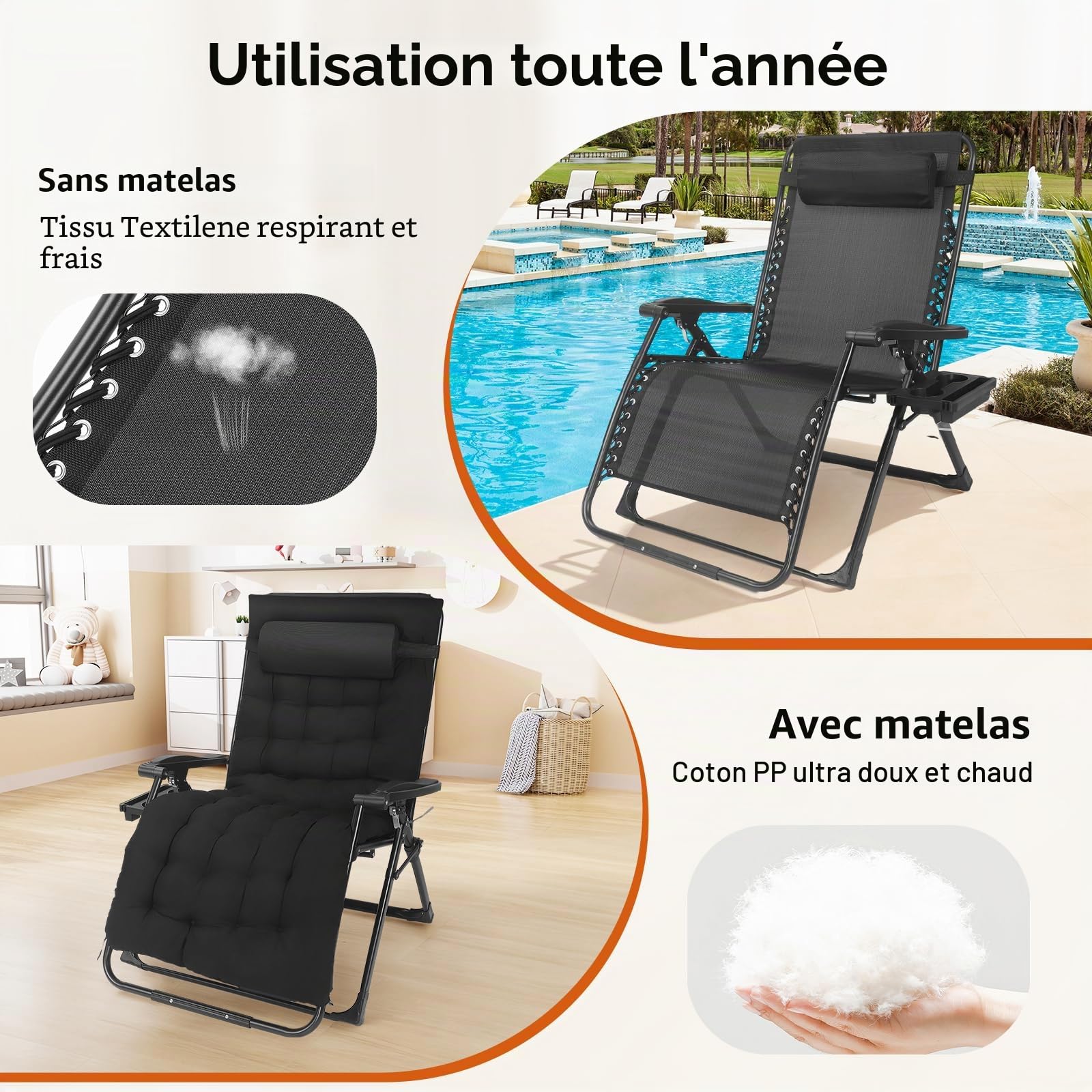 Chaise longue de jardin 2 en 1 pour l'extérieur, réglable de 90° à 170°, pliable, capacité jusqu'à 200 kg, coussin amovible, jardin/camping (83 cm noir)