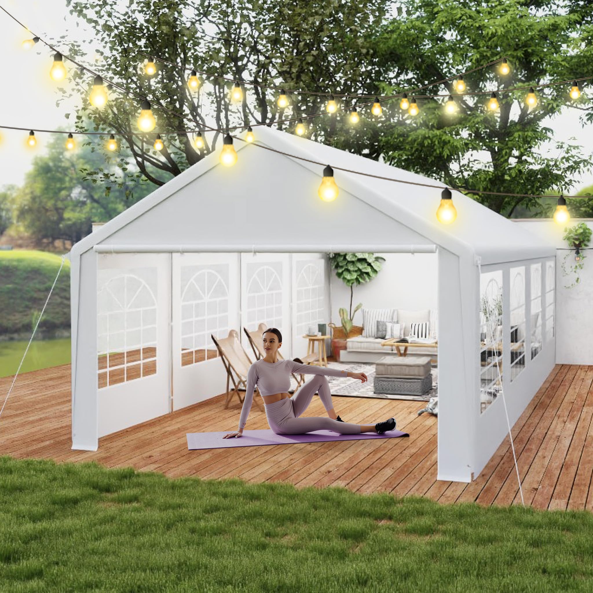 MAYTIIMO Partyzelt 4x8 m Pavillon, Weiß, PE 200g Dachplane, 130g Seitenwände mit Fenstern, Wasserdicht, UV-Schutz, verzinkter Stahlrahmen, Garten- & Festzelt