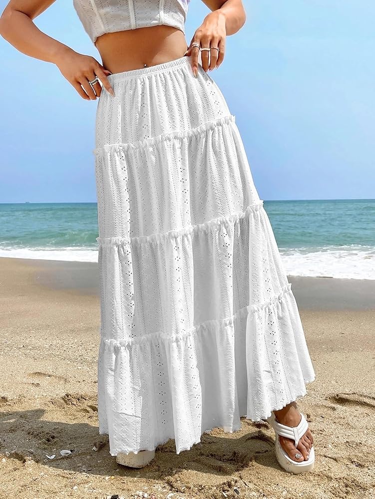 Narecte Women's Maxi Skirt Summer Boho High Waist Pleated A