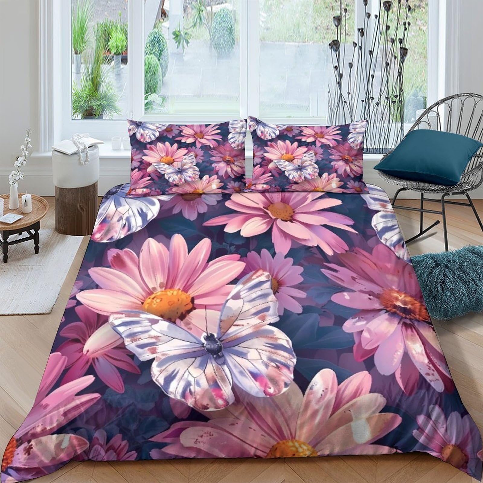 Ctjqhvkz Style-3 3D Printed Pink Daisy Butterfly Fitted Sheet Microfiber Soft Bed Cover Anti-Slip Machine Washable For Bedroom Decor Single（135X200cm）