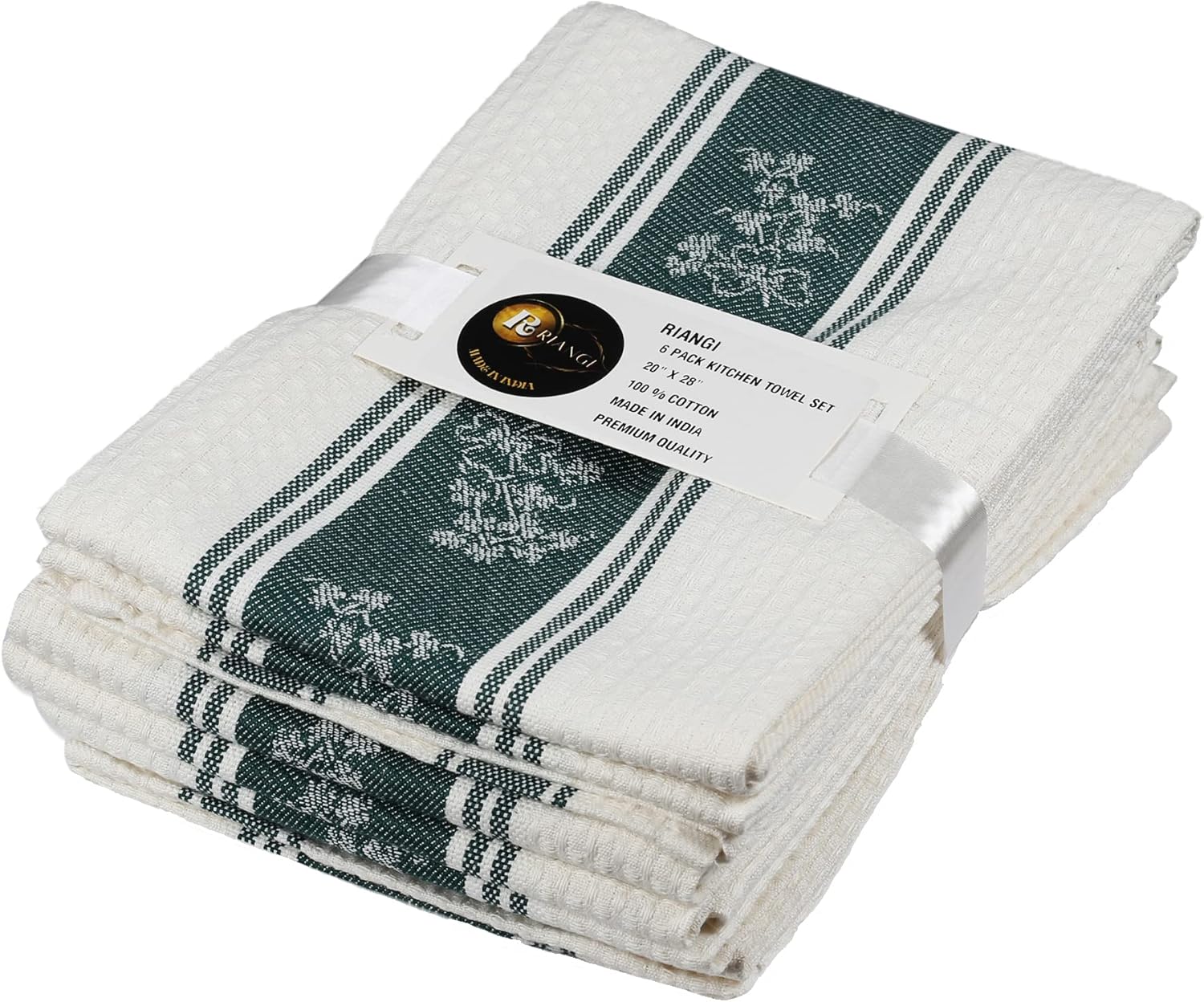 RIANGI Trendy Stripes Green Kitchen Towels Set of 6 Dish
