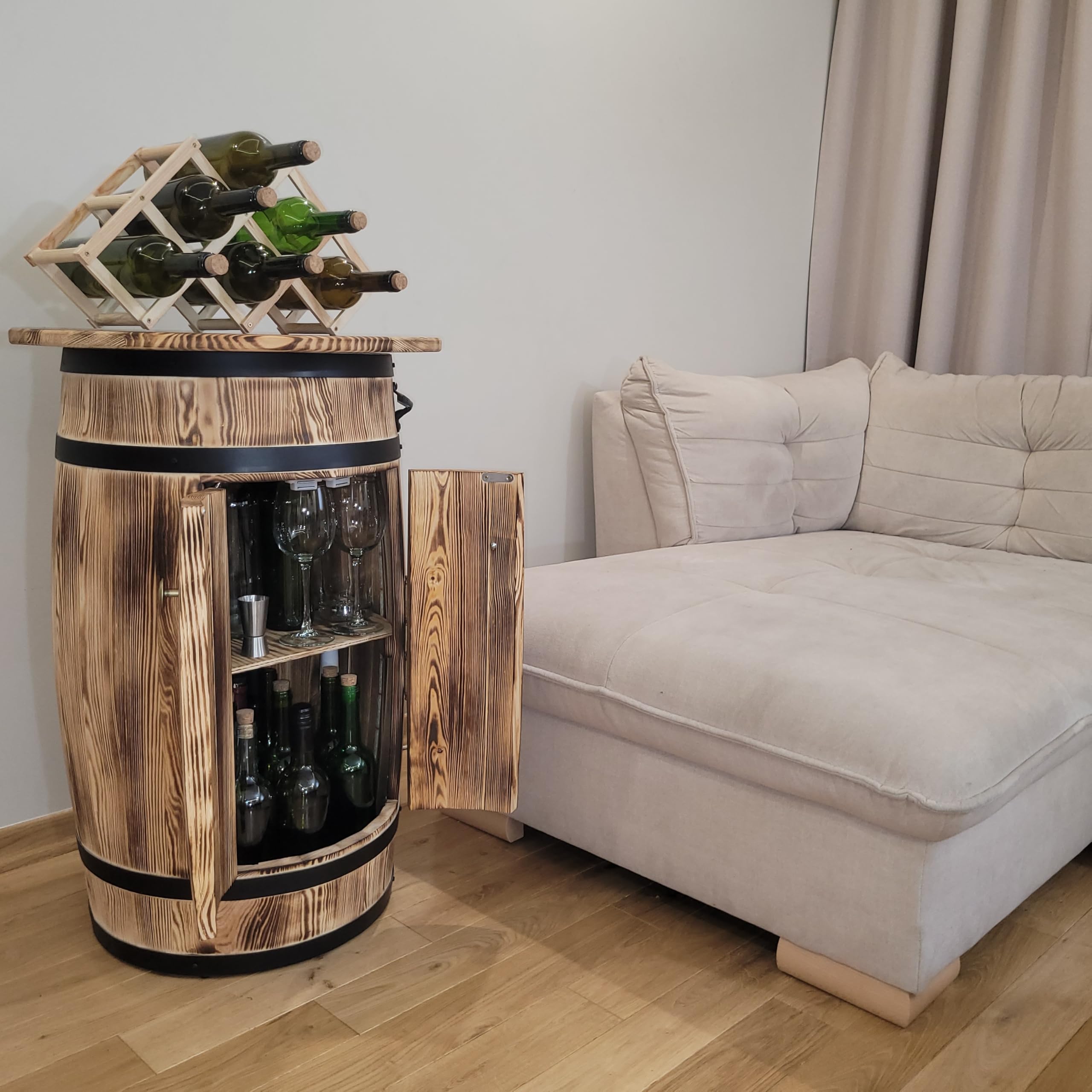 weeco Armoire en bois de pin en forme de tonneau avec étagère et étagère pour 30 à 40 bouteilles - Étagère de bar rustique avec décapsuleur et porte-bouteilles pliable - 80 x 55 x 44 cm - Marron