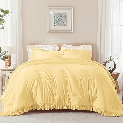 Miniatura 153 de Andency Juego de edredón beige tamaño King, 3 piezas estilo farmhouse shabby chic con volantes, ligero esponjoso suave de microfibra para todas