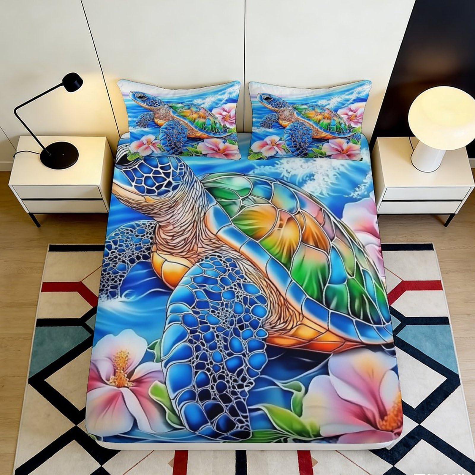 3D Printed Sea Turtle Fitted Sheet Microfiber Tropical Flower Mattress Cover for Bedroom Decor Machine Washable 90x200x25cm