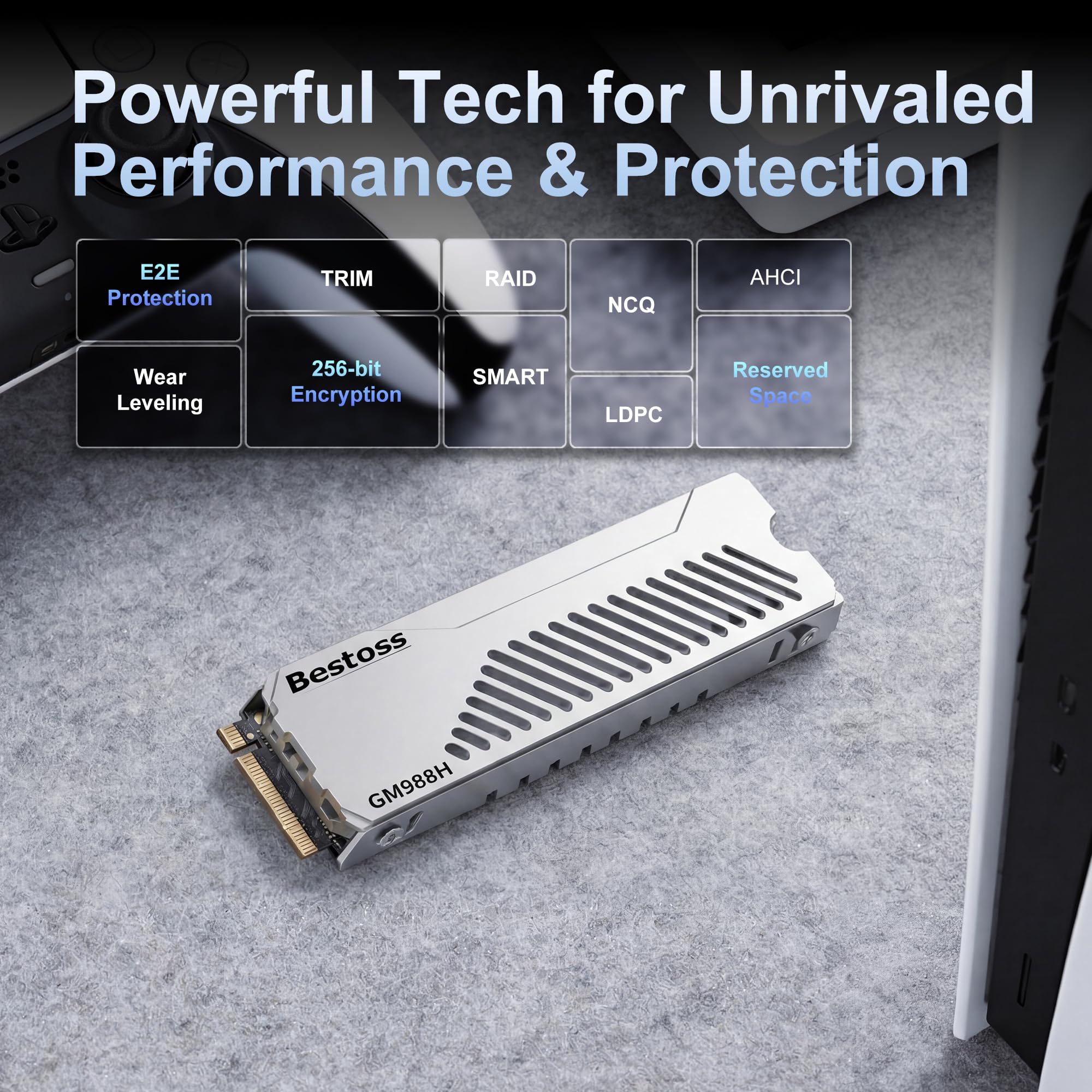 Bestoss SSD M.2 NVMe con disipador de calor de disipación estética de doble superficie, caché SLC de hasta 7300 MB/s y HMB, expansión de almacenamiento PS5, adaptada para jugadores, editores