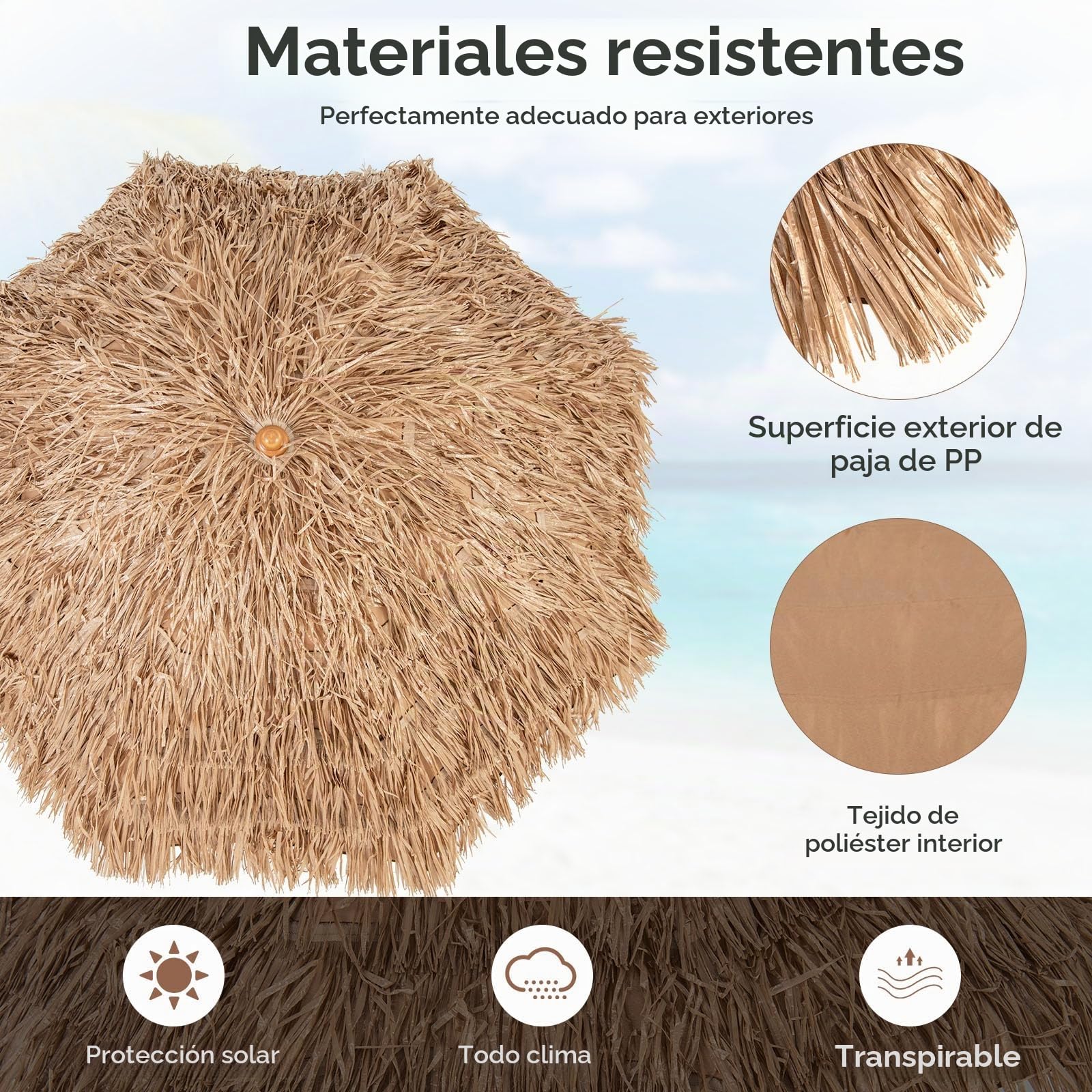 RELAX4LIFE Sombrilla hawaiana, paja, diámetro de 200 cm, sombrilla para balcón inclinable, sombrilla de jardín con soporte plegable y bolsa de transporte, sombrilla de paja, sombrilla hawaiana con