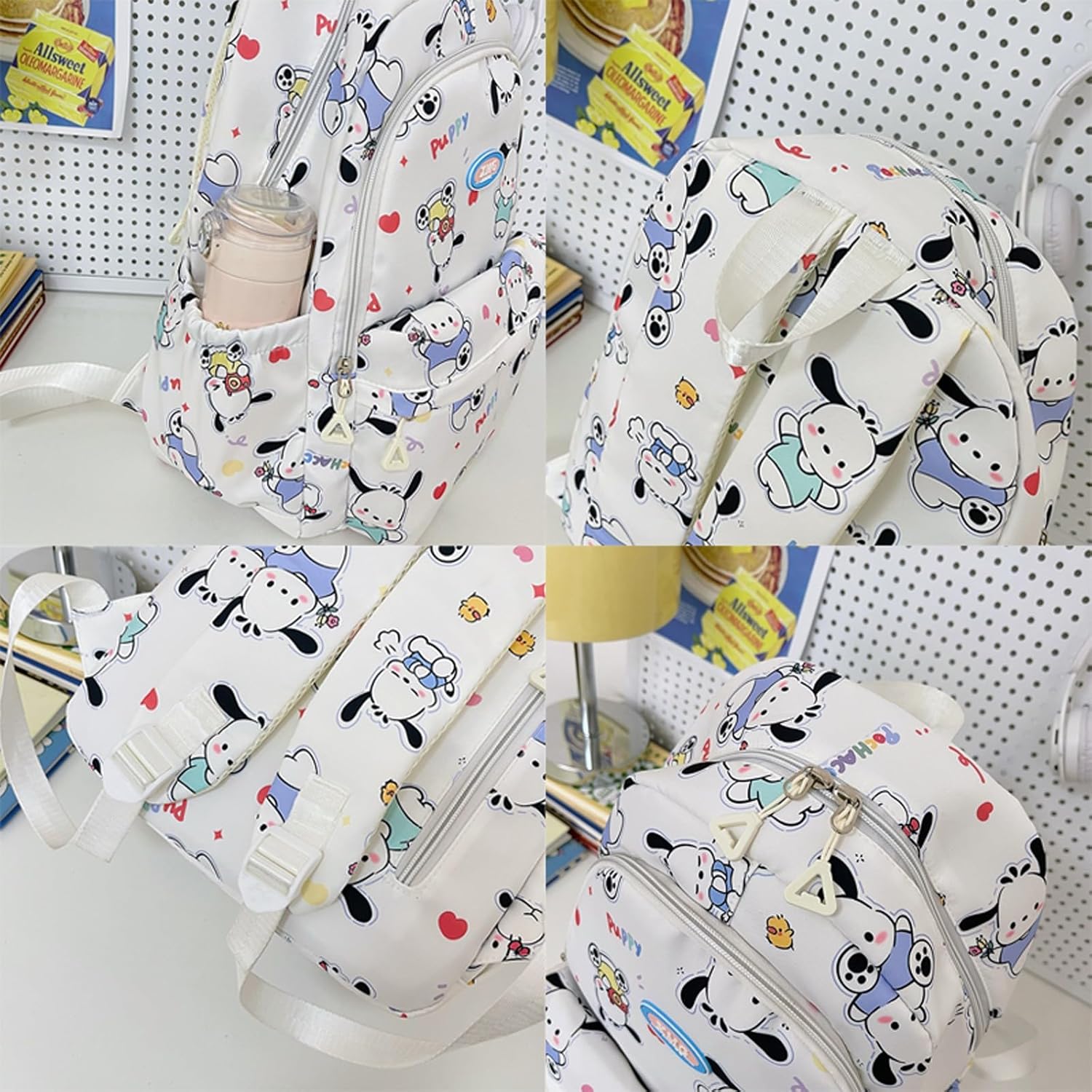 Roffatide Cartoon Pochacco All Over Print Casual Backpack Laptop Backpack Bike Travel Hiking Rucksack Daypack White (With Cute Pendants), LYB14104