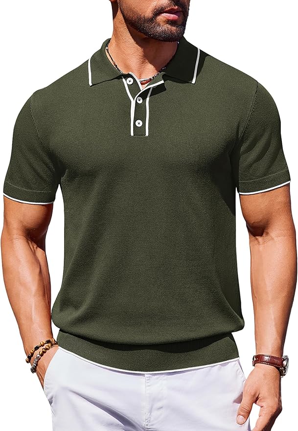 COOFANDY Mens Knit Polo Shirts Short Sleeve Vintage Stretch Polo T Shirts Casual Summer Golf Shirts