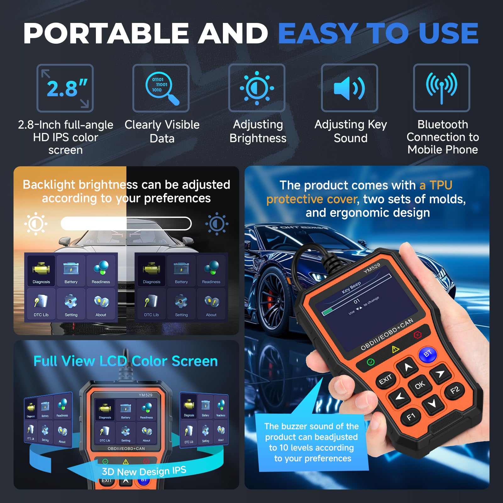 Escáner Profesional OBD2 con Herramienta de diagnóstico del probador de batería Pantalla IPS de 2,8 Pulgadas, Comprobar la preparación de Las emisiones, Leer y borrar los códigos de Error, Naranja