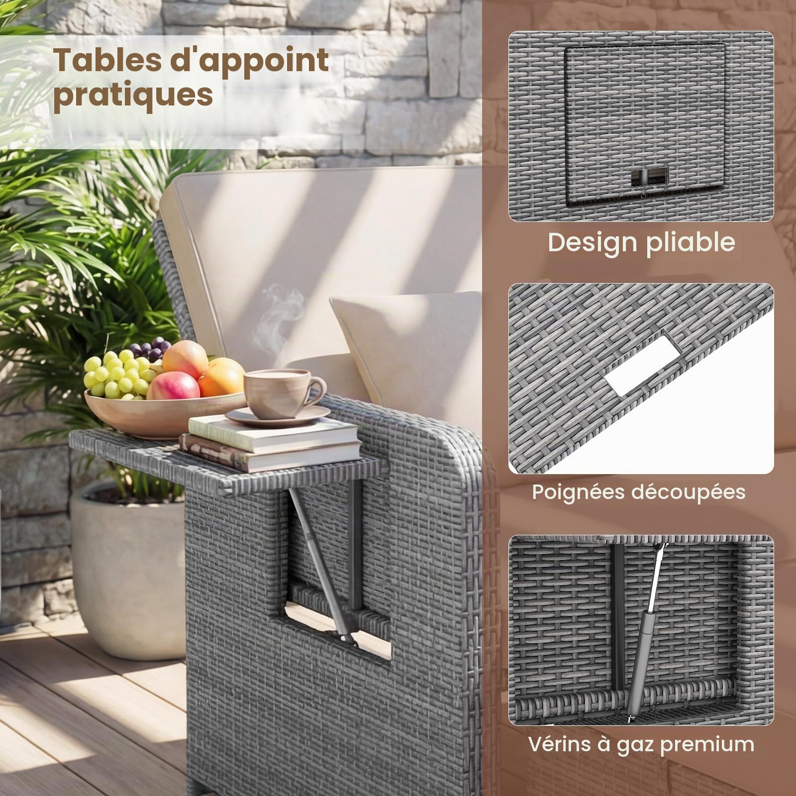 GIANTEX Canape Exterieur Jardin 2 Pièces, Canapé de Jardin 2 Places en Rotin PE, Ottoman de Rangement, Dossier Réglable, Tables d'Appoint Rétractables, Coussins Doux, pour Porche, Patio, Gris+Kaki
