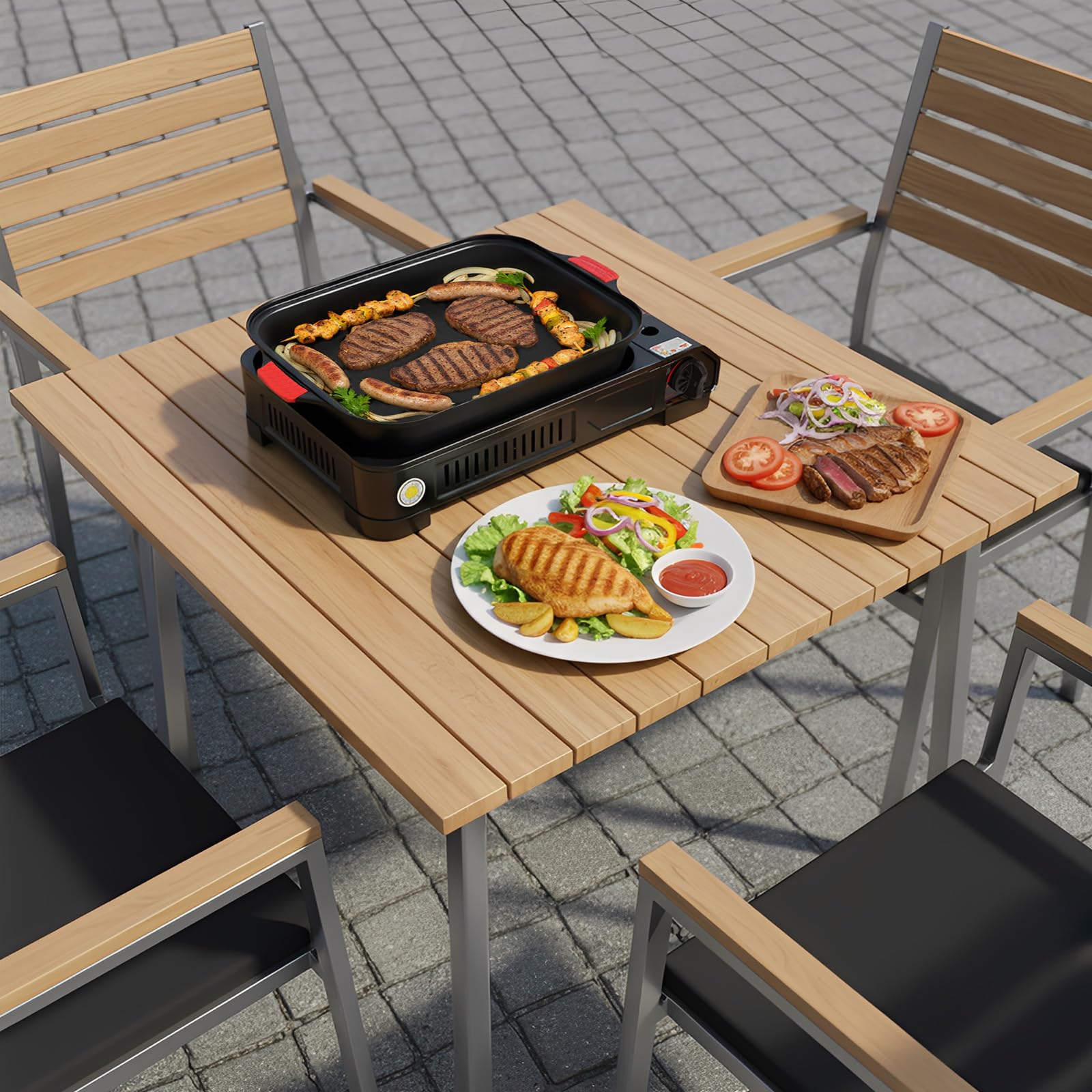 Barbacoa de gas para camping, pequeña 2,1 kW, hornillo de gas con placa de parrilla y tapa de cristal, para camping, bidón de butano, hornillo de camping para interiores, exterior (con asa)