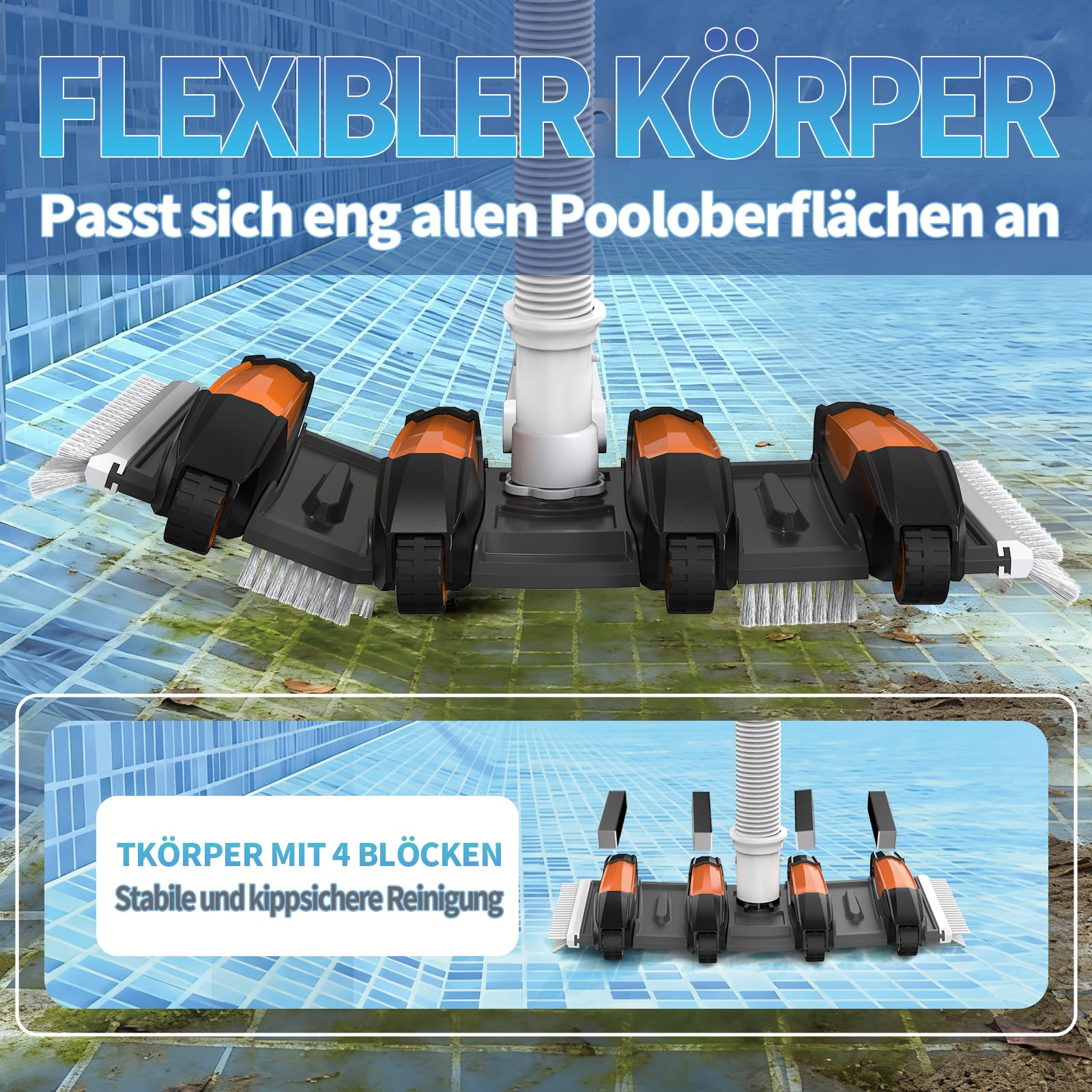 Pool-Staubsaugerkopf für Innen- und Oberirdische Pools, Flexibler Beschwerter Schwimmbad-Staubsaugerkopf - Schlauchanschluss Ø 32/38 mm, Stangen Ø 32 mm (Nicht enthalten）