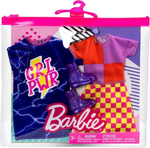Miniatura 5 de Barbie Fashions - Conjunto de ropa de 2 unidades, 2 trajes de muñeca incluye camisa de colores con falda a cuadros, vestido "GRL PWR" y 2 accesorios