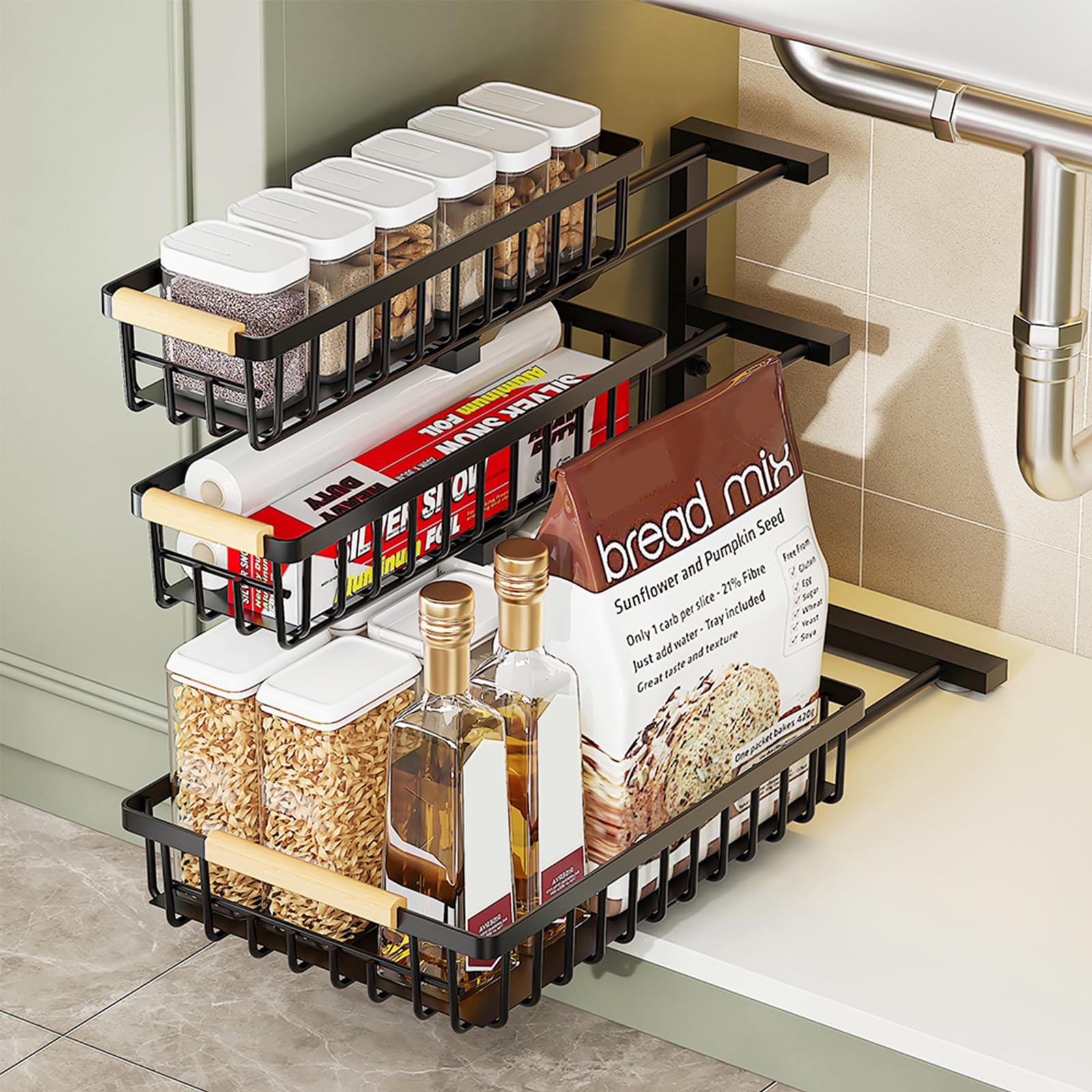 1 Pack Under Sink Storage, Height Adjustable Pull Out 3 Tier Undersink Organisation, Metal Sliding Drawers Shelf for Cupboard, Kitchen Storage Rack, Black