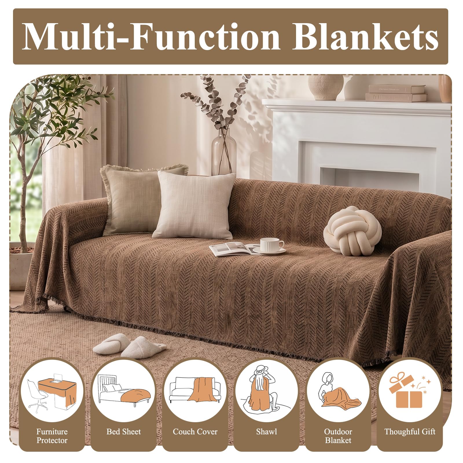 Homcomodar Sofa überzug 2 Sitzer Fischgrät Chenille mit Quasten Sofabezug l Form Wasserabweisend Waschbar Couch überzug Kratzschutz für Hunde Katzen Kinder Sofaüberwurf Braun 180x260 cm