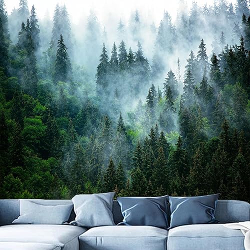Atrippy Tapiz de bosque brumoso para dormitorio, tapiz de pared de paisaje neblinoso con niebla natural, arte de pared de árboles verdes, decoración