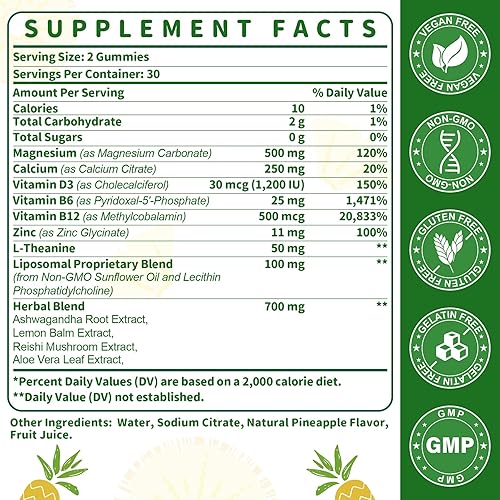 Miniatura 2 de Gomitas liposomales de carbonato de magnesio de 500 mg - Suplemento de magnesio con Ashwagandha, L-teanina, calcio y vitamina D3 para apoyo muscular