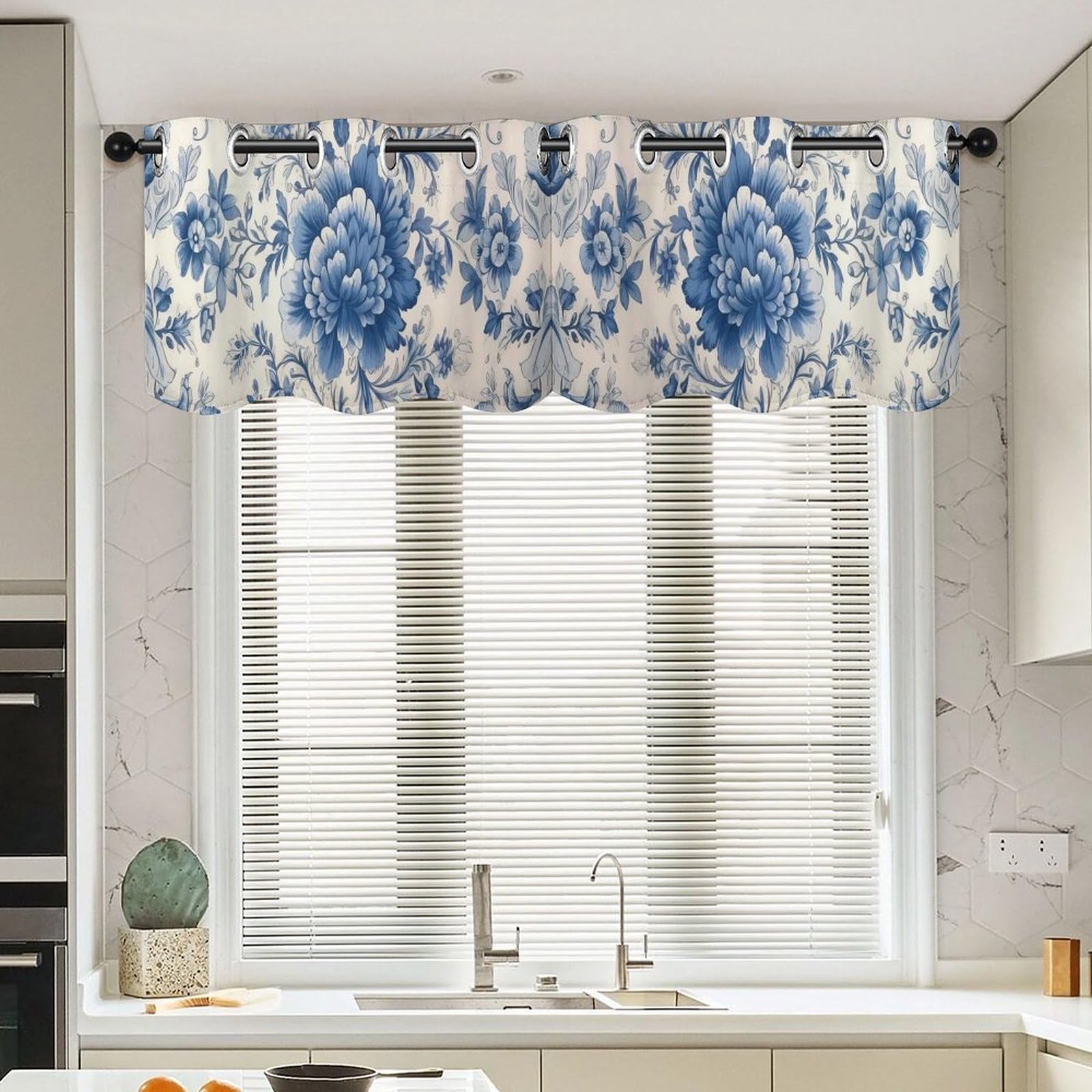 Cenefa de cortina floral azul Chinoiserie de lujo para ventanas de cocina, 52x18"