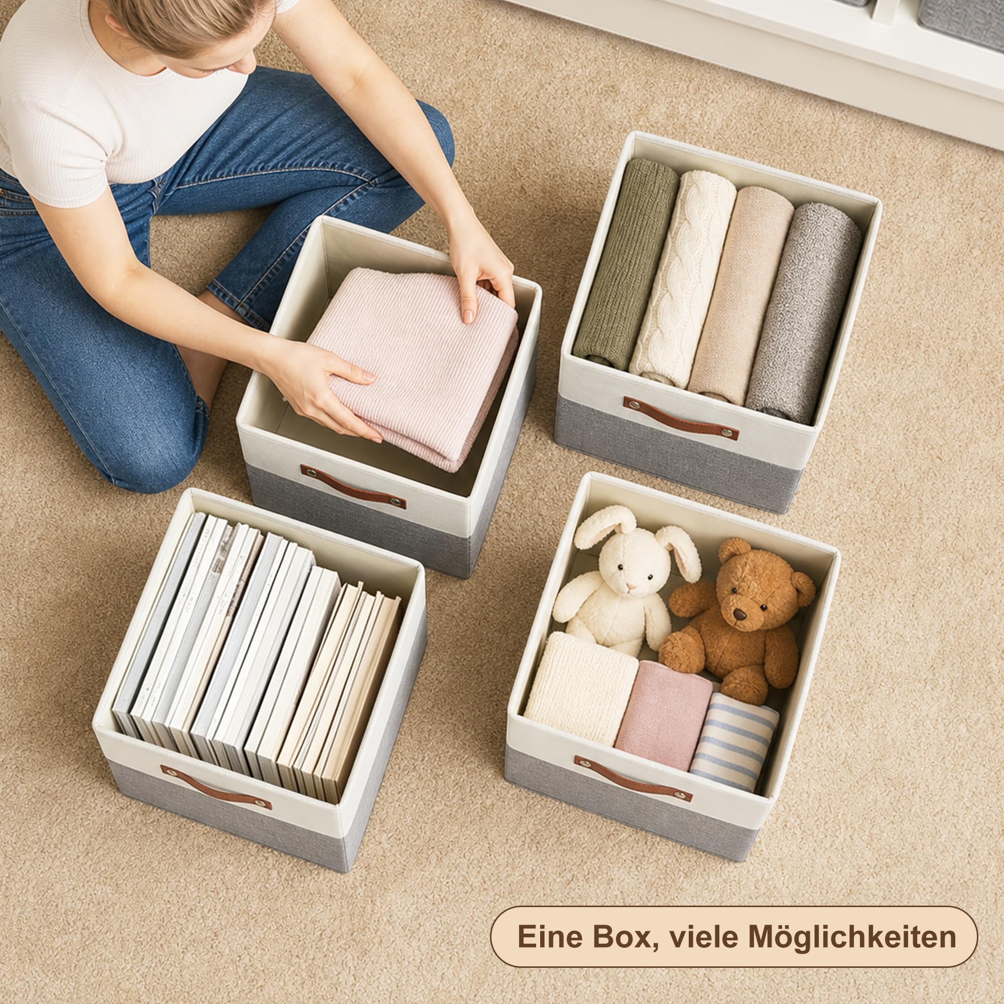 Bagnizer Faltbare Aufbewahrungsbox aus Stoff mit 2 PU-Griffe, 4er Set