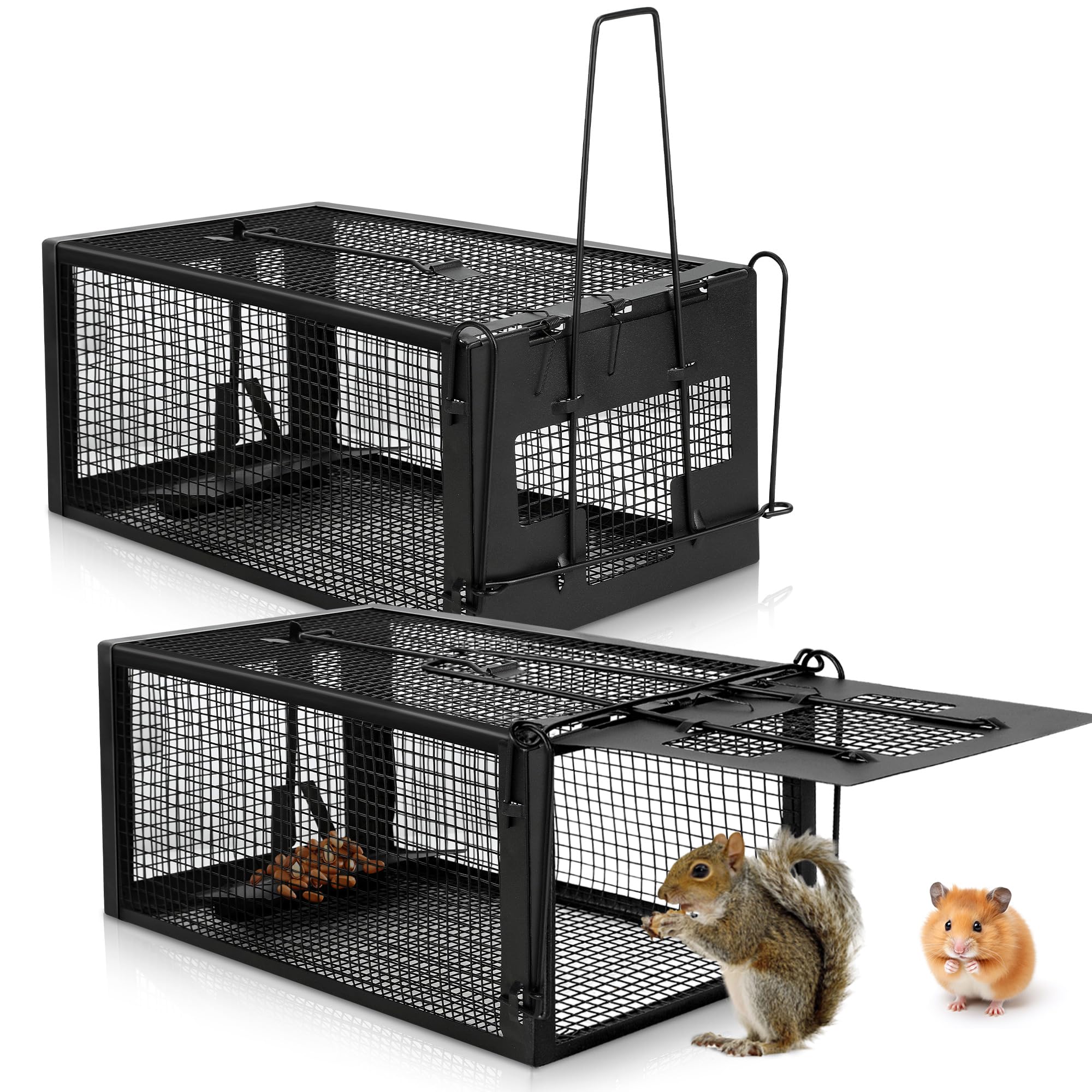 2 pack humane rat traps - live mouse rat cage traps catch and release for indoor outdoor, small animals traps, easy to use(12.6''*5.5''*4.7'') black