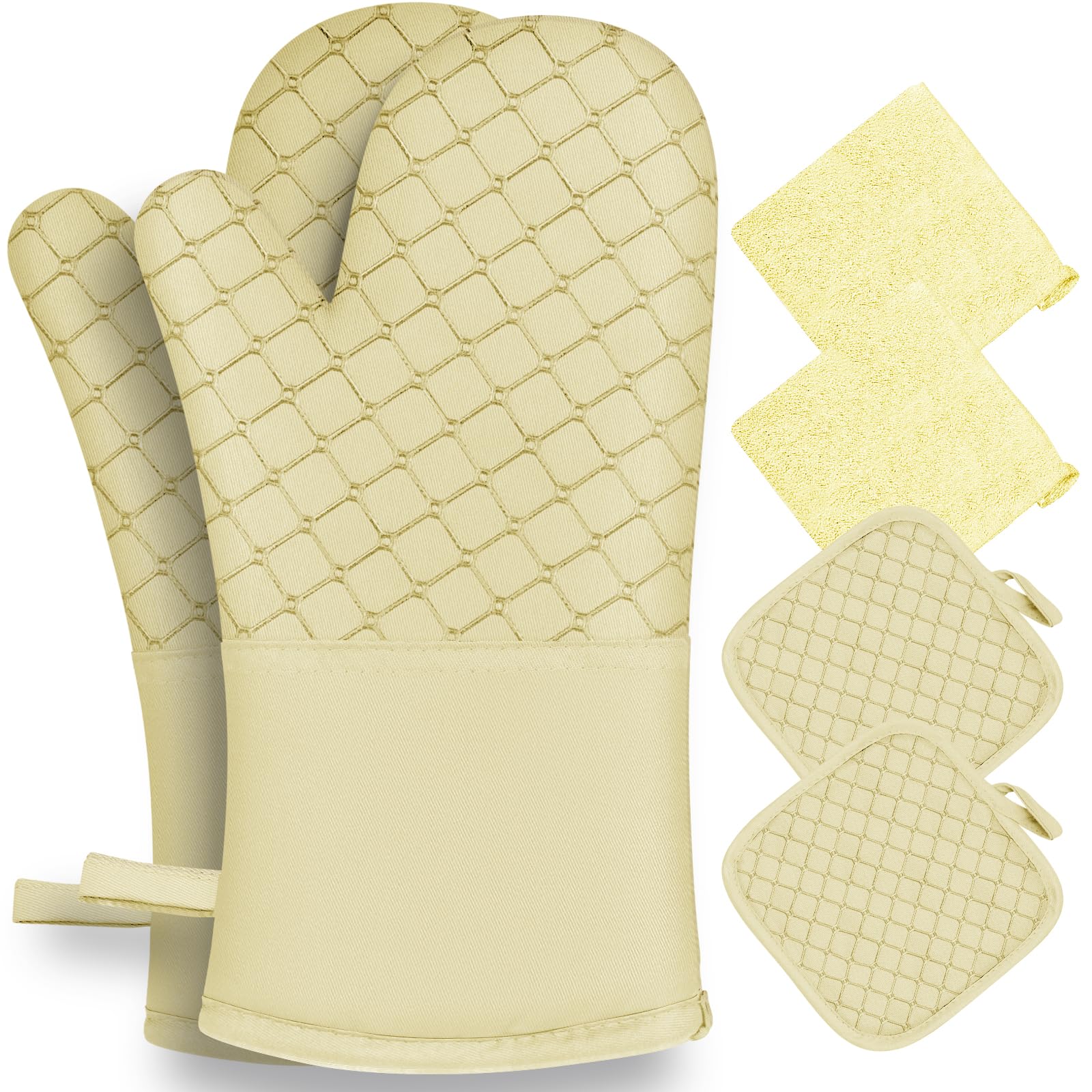 6 manoplas de horno y soportes para ollas, guantes de horno resistentes al calor de 260.0 °C con toallas de cocina, forro de algodón suave y superficie de silicona antideslizante, seguros para hornear