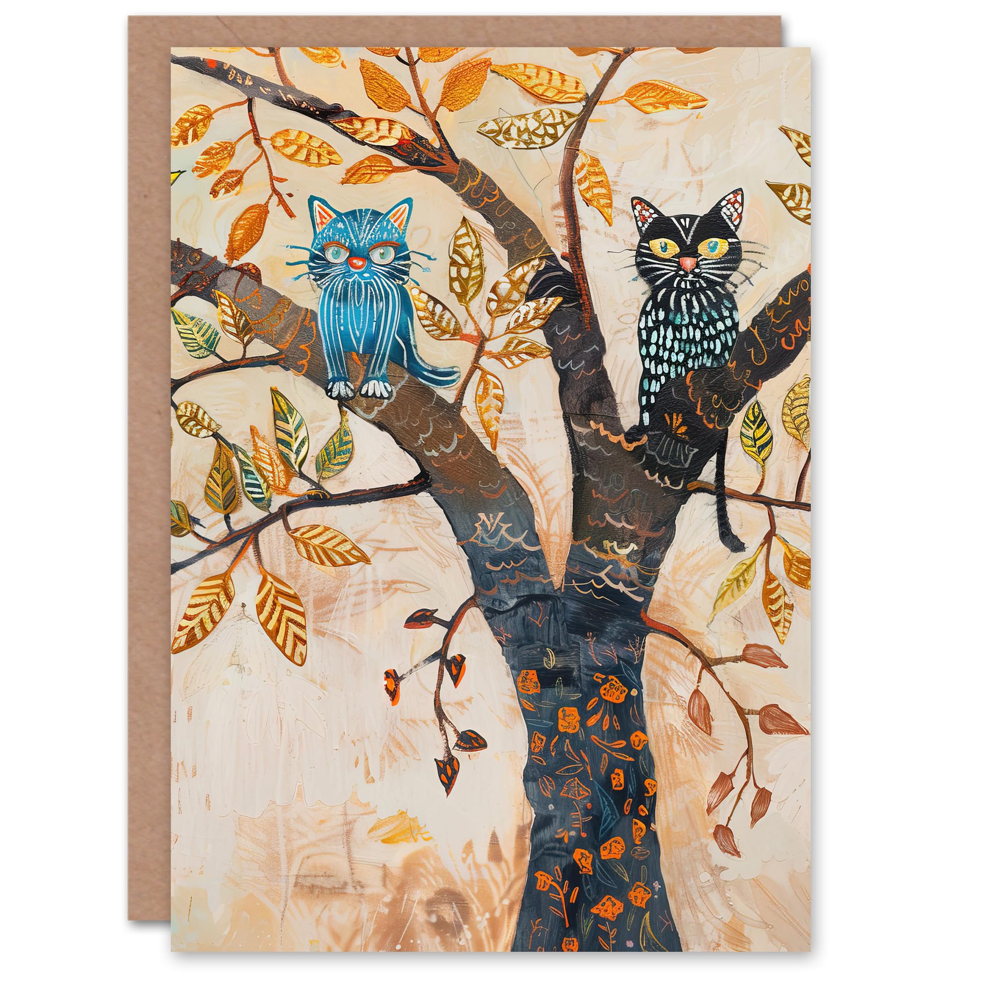Artery8 Greeting Card Two Kittens on an Autumn Tree Folk Art Cat Lover Blank For Him Or Her Art Birthday Card
