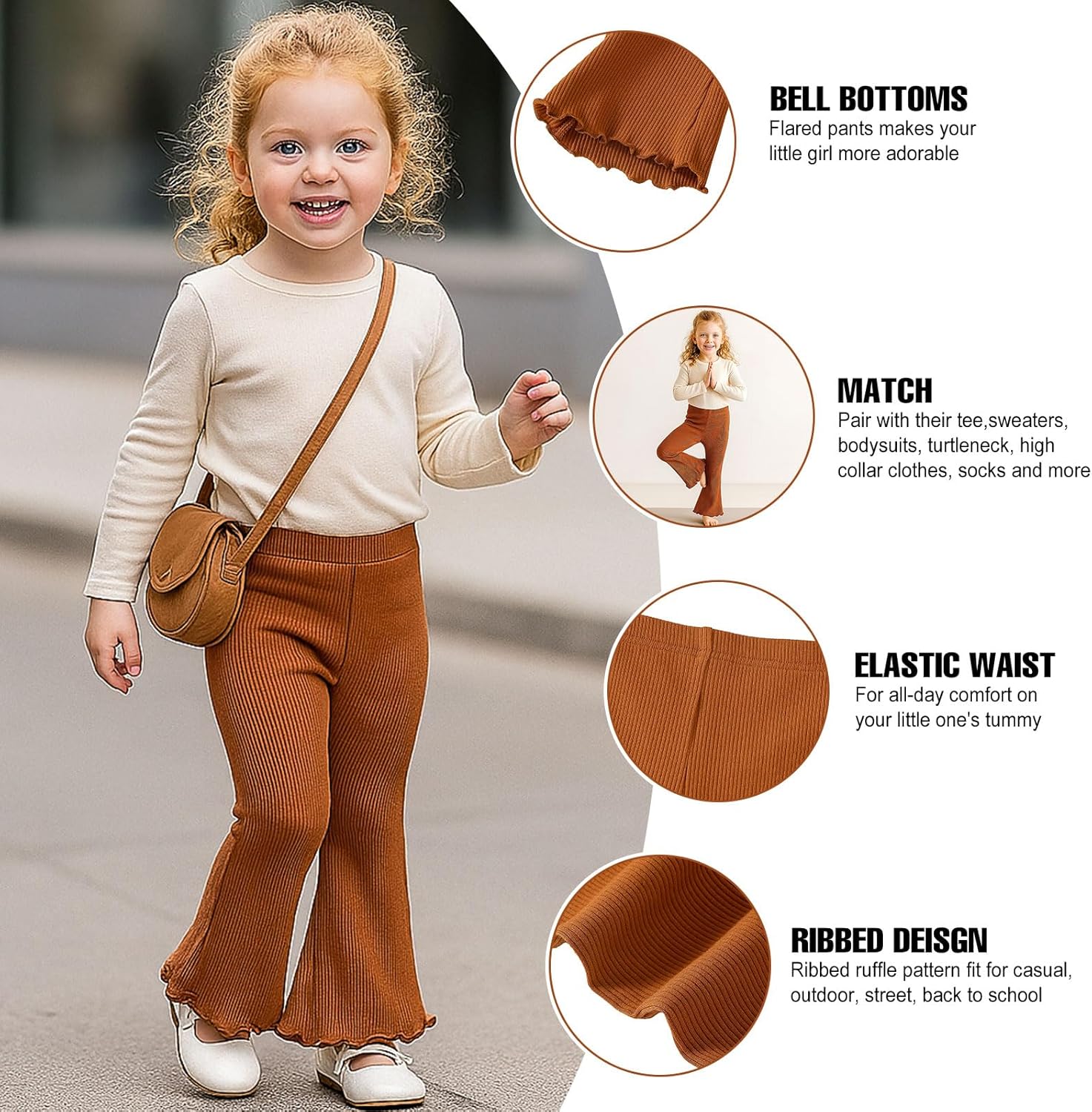 SOBOWO Girls Flare Leggings Pants Ribbed Kids Bell Bottoms 2 Pack Solid Color Ruffle Flared Casual Pants for Girls Size 3-11Y - Image 3
