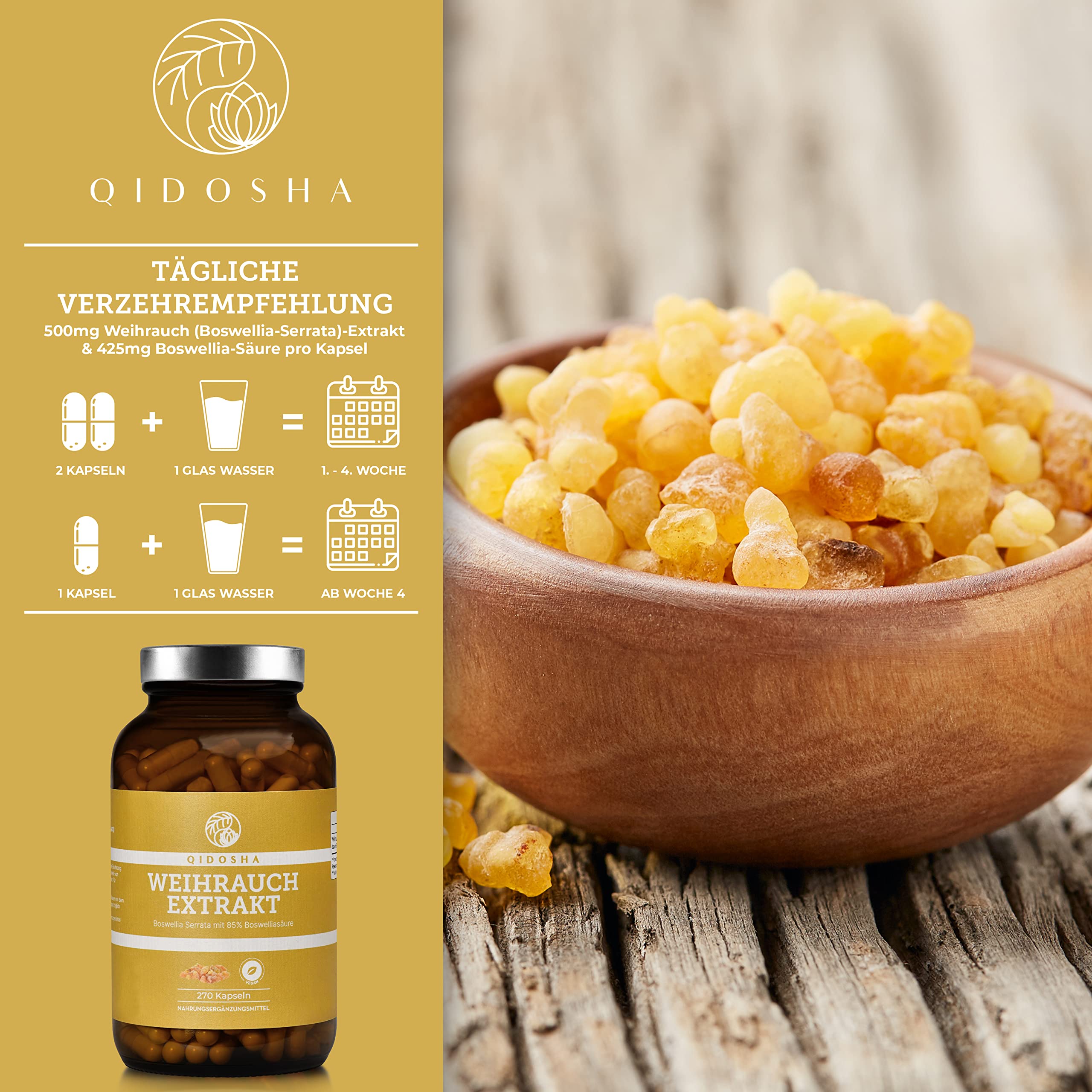 QIDOSHA® Boswellia serrata Weihrauchkapseln hochdosiert, TESTSIEGER 08/23*, 270 Stk/Glas, 85% Boswellia-Säure, 500mg Weihrauch Extrakt/Kapsel, Weihrauch Kapseln hochkonzentriert