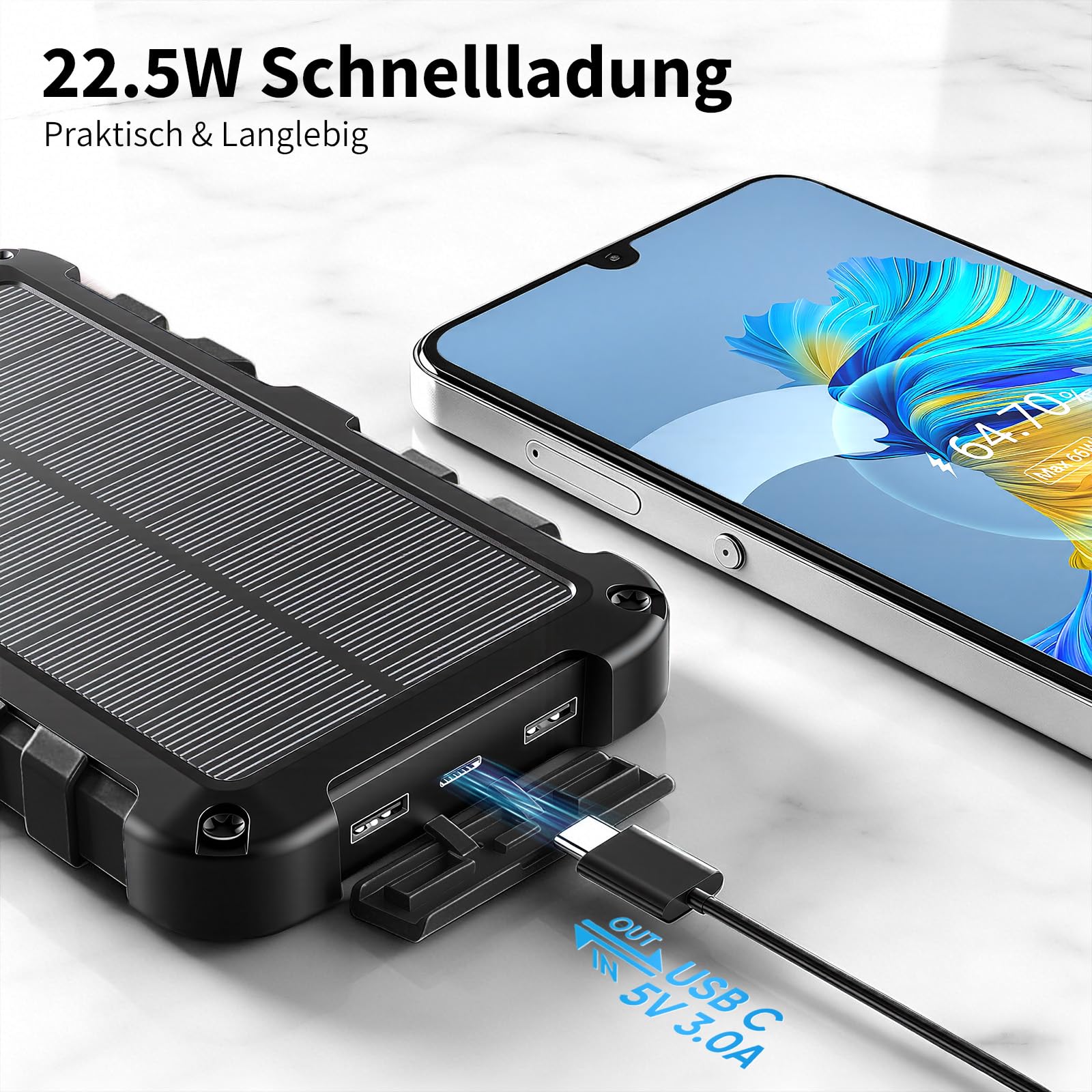 Solar Powerbank 10000mAh PD 22.5W Tragbares Solar Ladegerät USB C Outdoor Wasserdicht Externer Akku mit LED-Licht und 3 Ausgängen für Tablets Smartphones Outdoor Camping Schwarz
