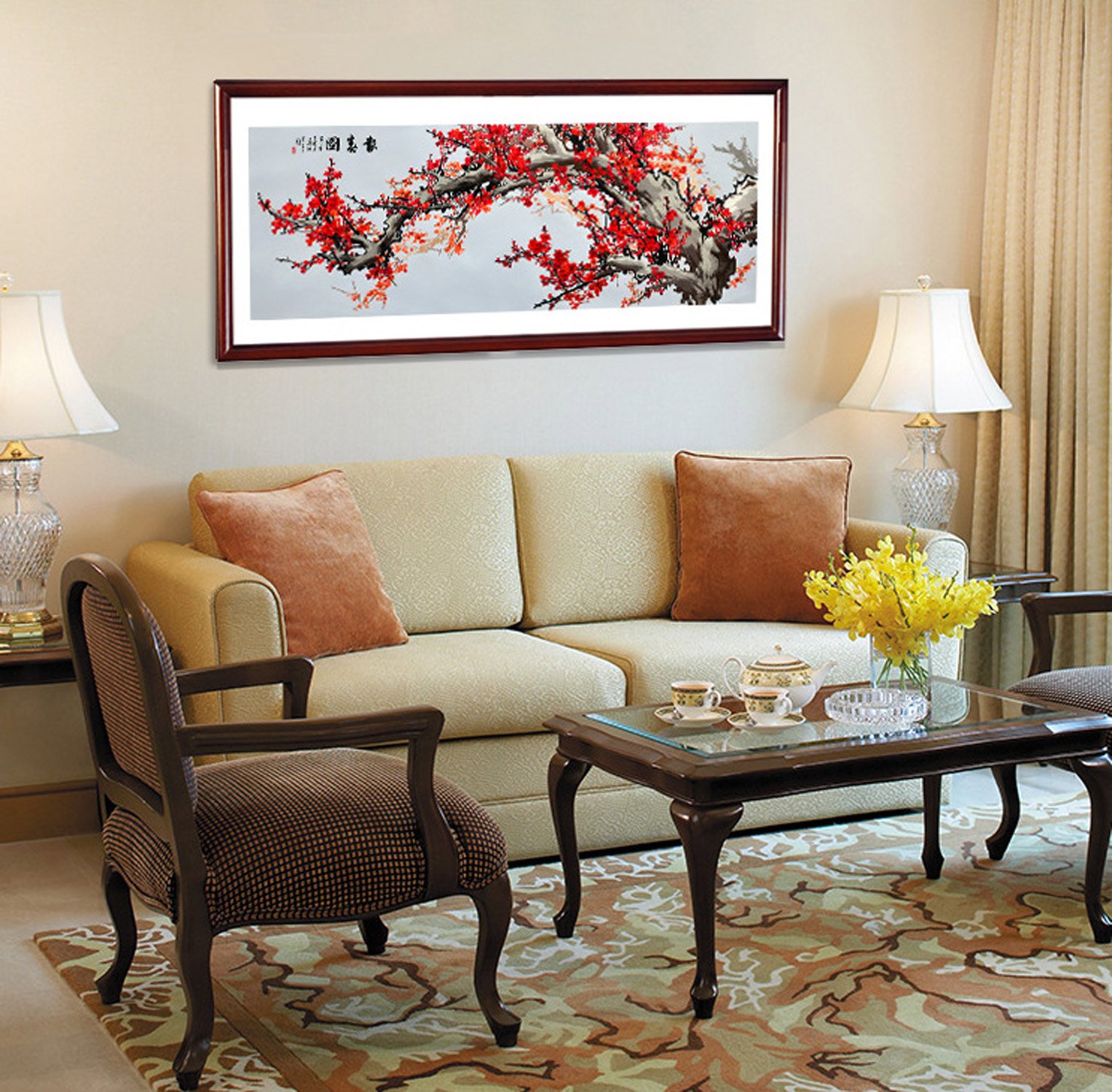 Grace Art, Extra Large, Oblong Asian Silk Embroidery Art Wall Hanging, Wide Format, Plum Blossom