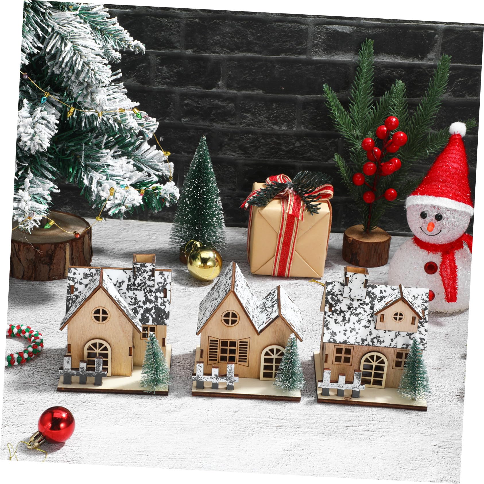 Hohopeti 3pezzi Casetta di Legno Natalizia Luci LED Villaggio di Case di Natale Decorazione per Casa di Natale in Legno
