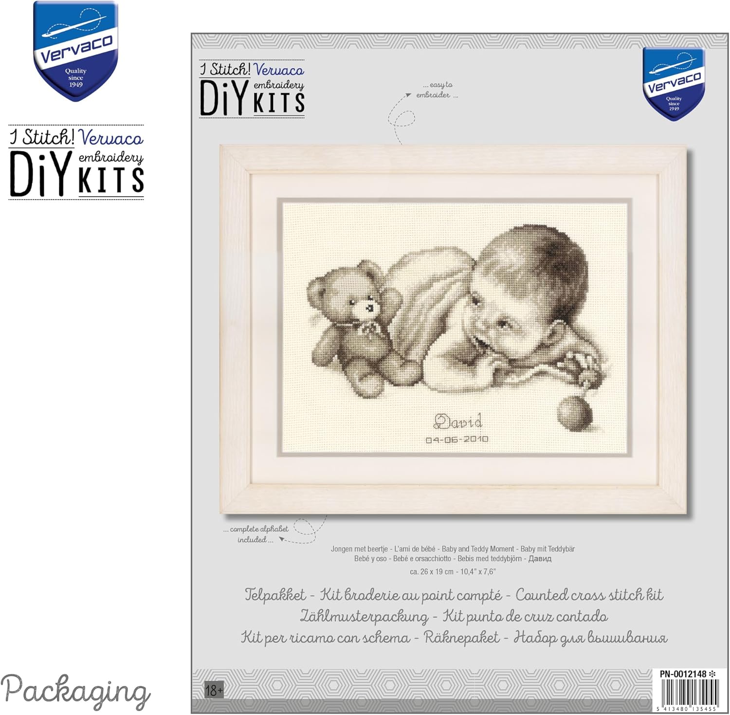 Vervaco 2002/75.197 Baby with Teddy Birth Record Counted Cross Stitch 26x19cm