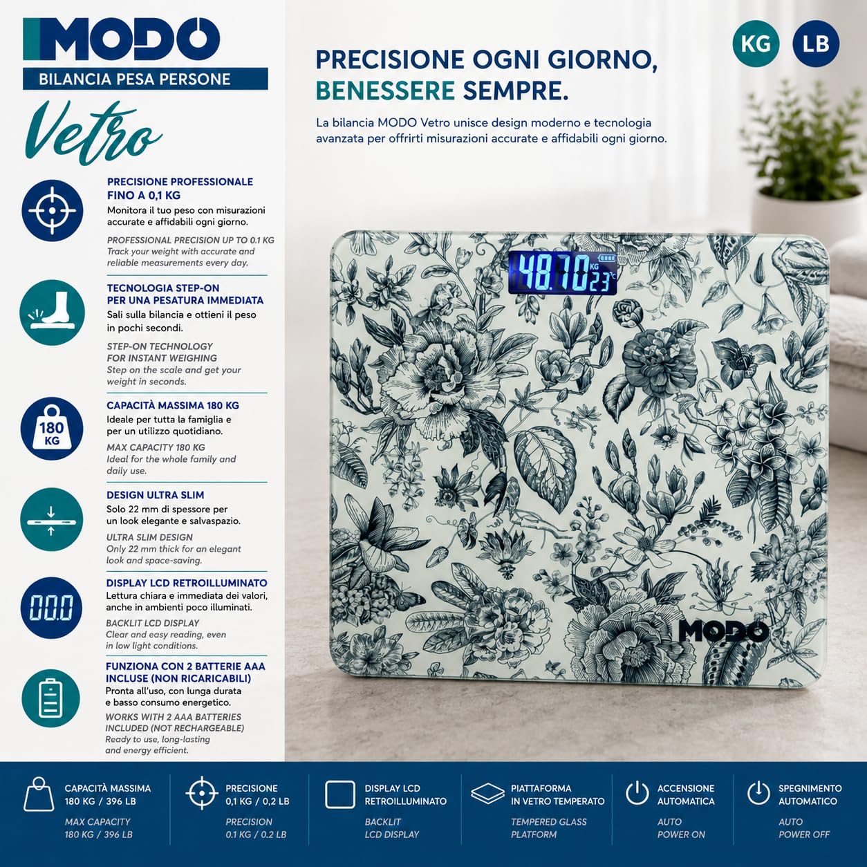 IPEA Bilancia Pesa Persone Digitale Ultra Sottile - [ Tecnologia STEP ON ] - Massima Precisione Peso - Design Floreale - Bilancia in Vetro Temperato con Display misurazione precisa 0,1 KG - Max 180Kg