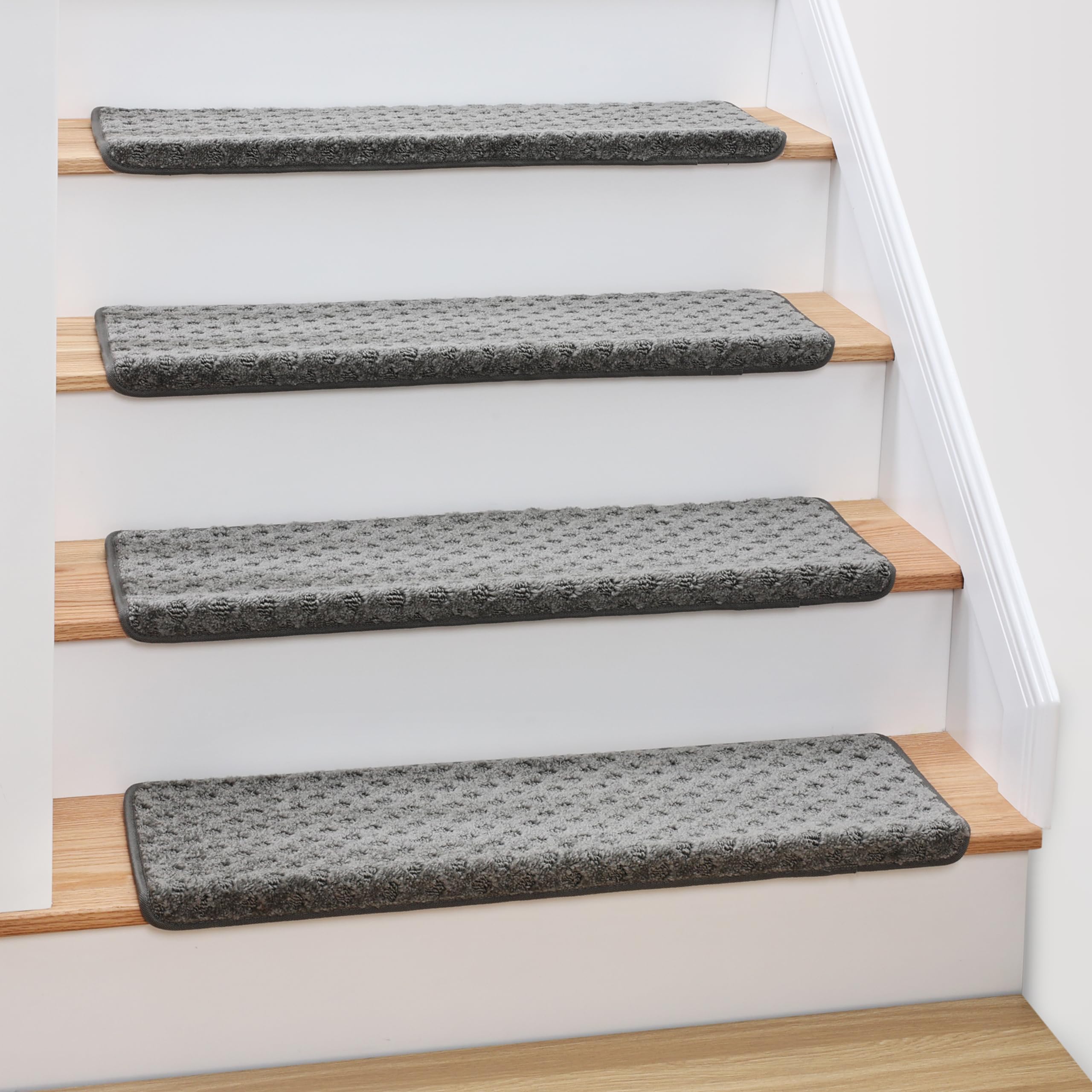 MBIGM Bullnose Non-Slip Stair Treads with Reusable Adhesive (14 Pack) 9.5" x 30" Wooden Steps Protection -TPU Backing with Steel Reinforcement - Anti-Slip Solution - Lattice, Dark Grey