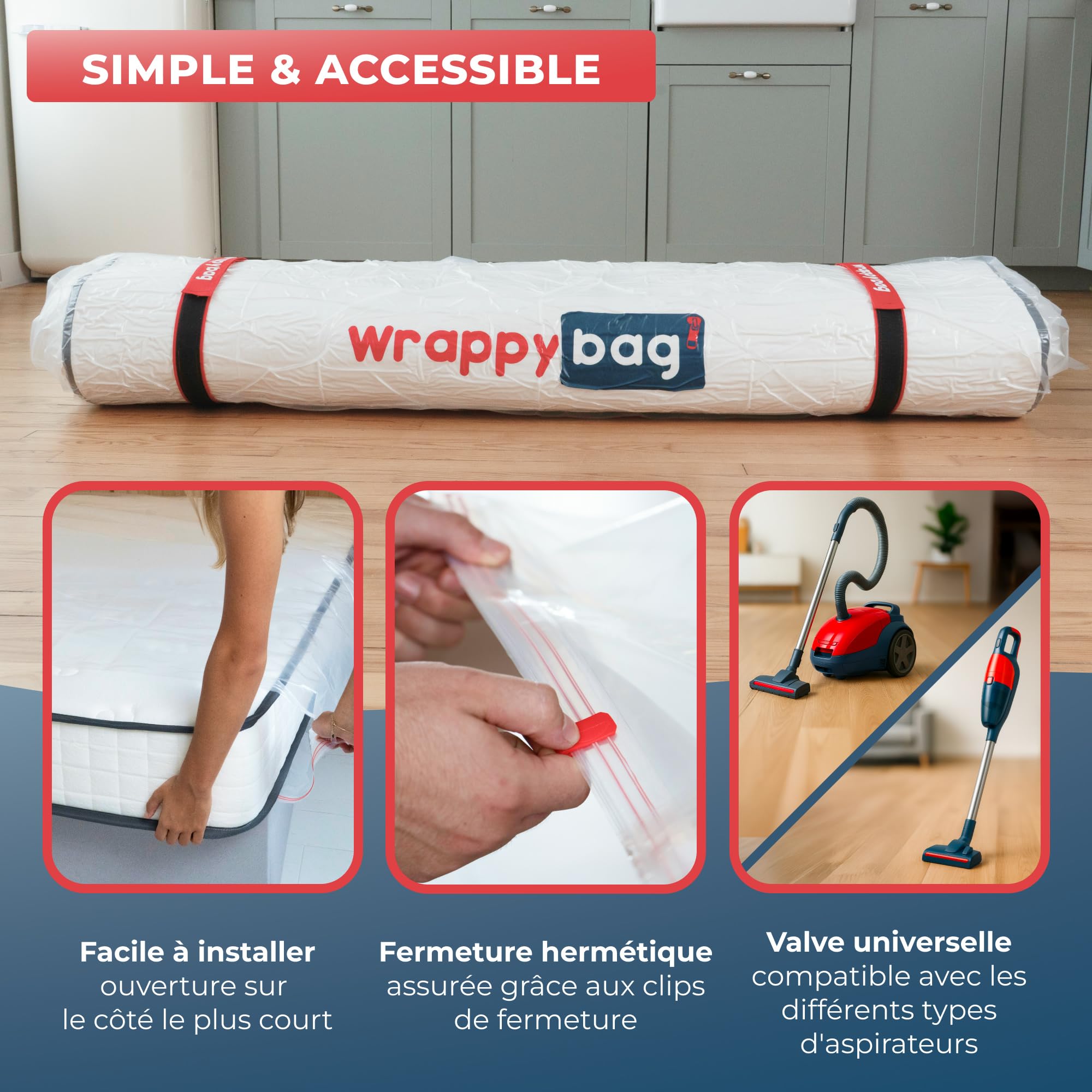 Wrappybag – Sac sous vide Matelas Déménagement 140 x 200 cm – Kit Complet Housse protection matelas sous vide Etanche avec Clips & Sangles auto agrippantes – Compatible Toutes Tailles et Aspirateurs