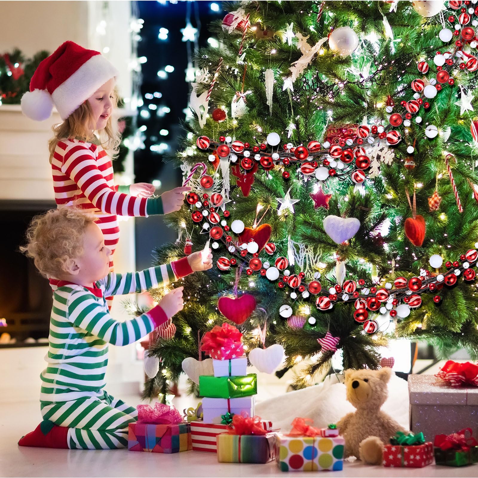 WILLBOND Guirlande de boules de Noël à suspendre pour sapin de Noël, cheminée, couronne de 3,7 m, rouge et blanc