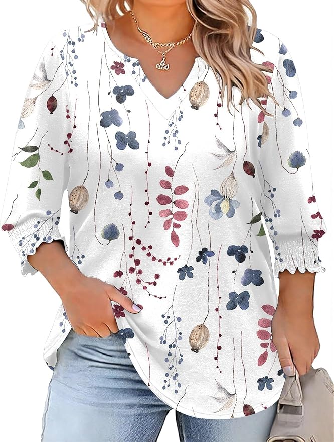 Rapbin Women's Plus Size Tops Three-Quarter Sleeve V-Neck Tunic Top Elegant Printed Dressy Casual Shirts Lightweight Blouses (White Floral 3XL)