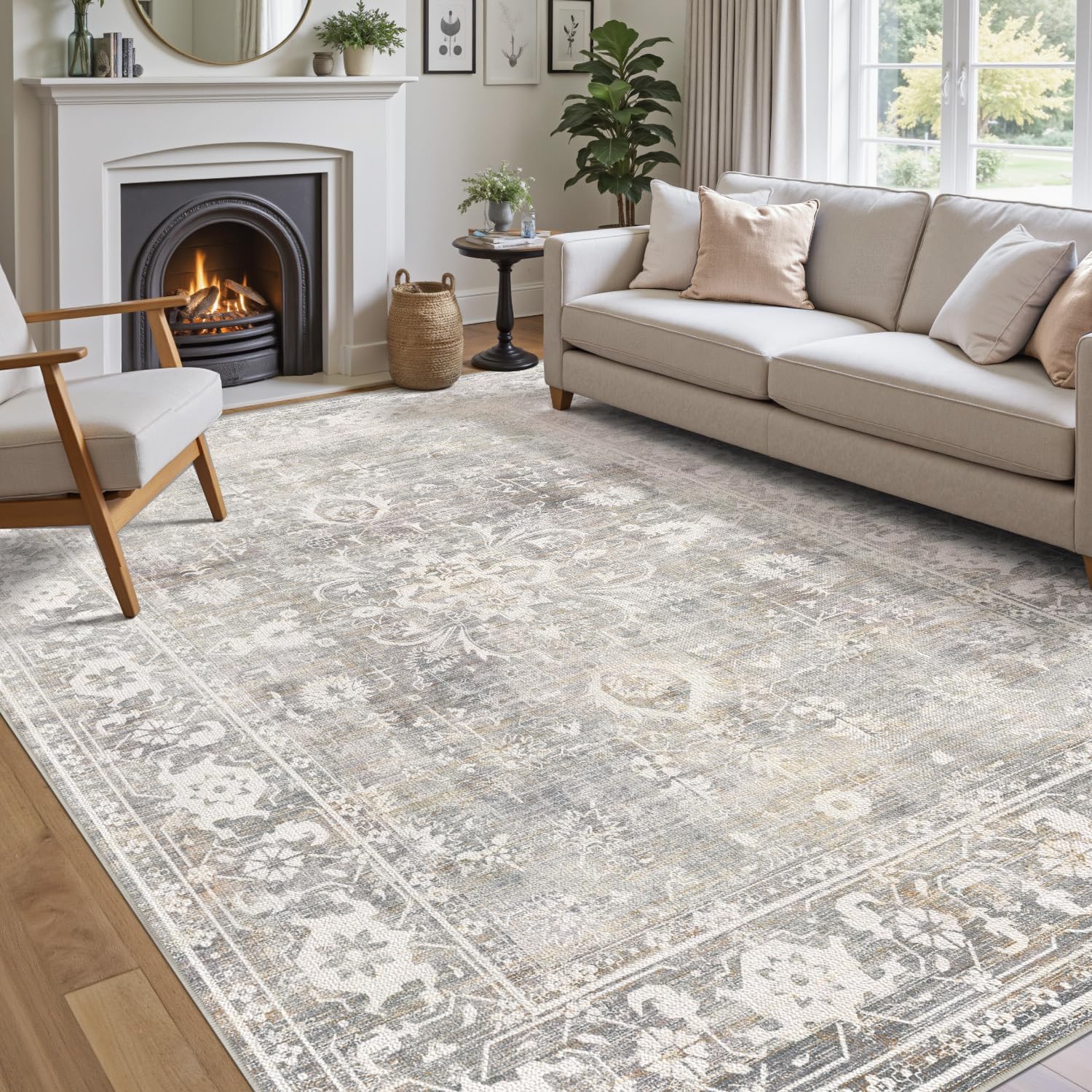 DEXI Area Rugs for Living Room, 5x8 Washable Low Pile Vintage Traditional Rug for Bedroom, Non Slip Indoor Carpet for Dining Office Nursery, Light