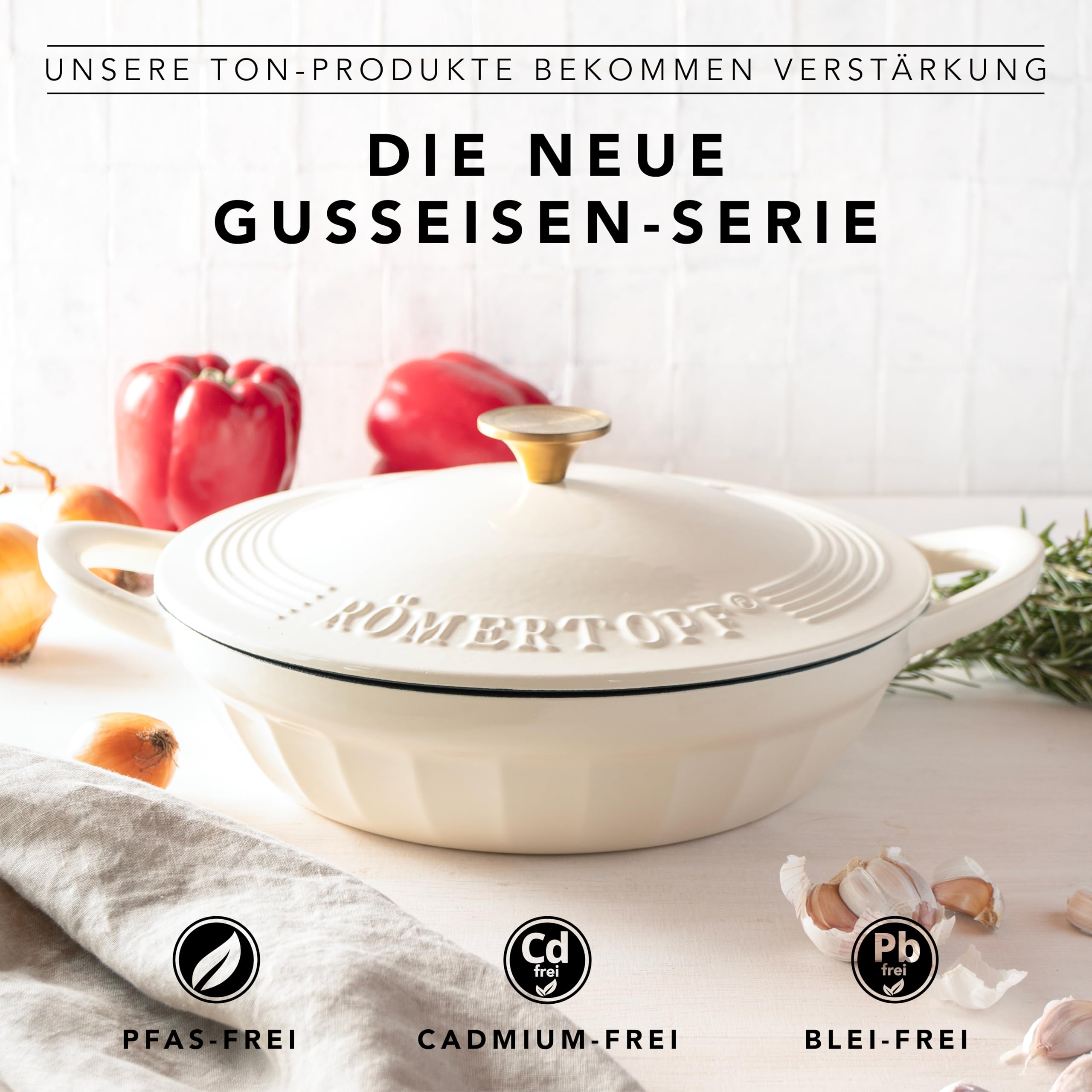 Römertopf Schmorpfanne Gusseisen 28 cm 2,4 L mit Deckel, Creme | Sautépfanne zum Anbraten und Schmoren, alle Herdarten inklusive Induktion, ofenfest 250 °C, PFAS-frei